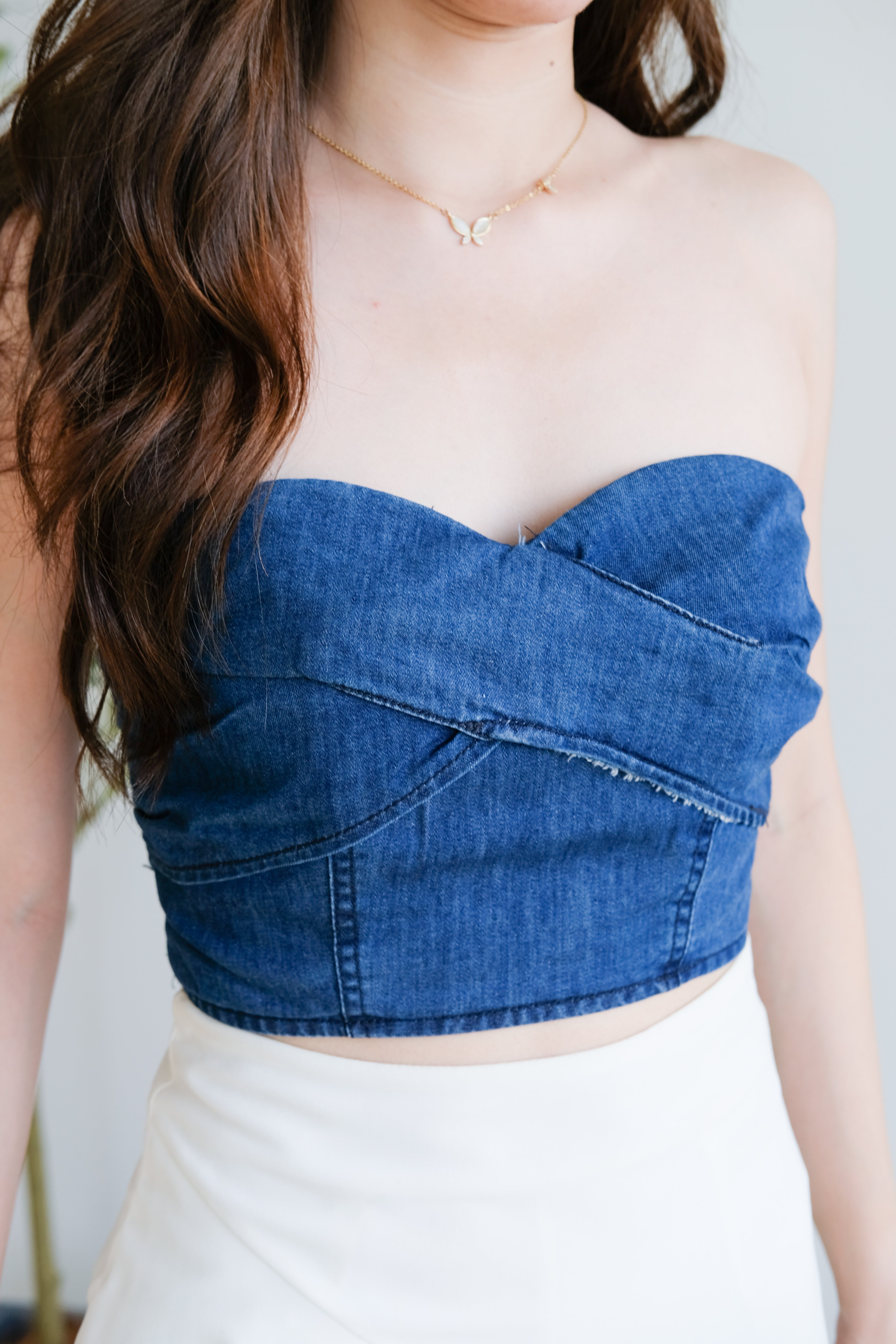 Shyla Sweetheart Denim Padded Crop Top (Dark Blue)