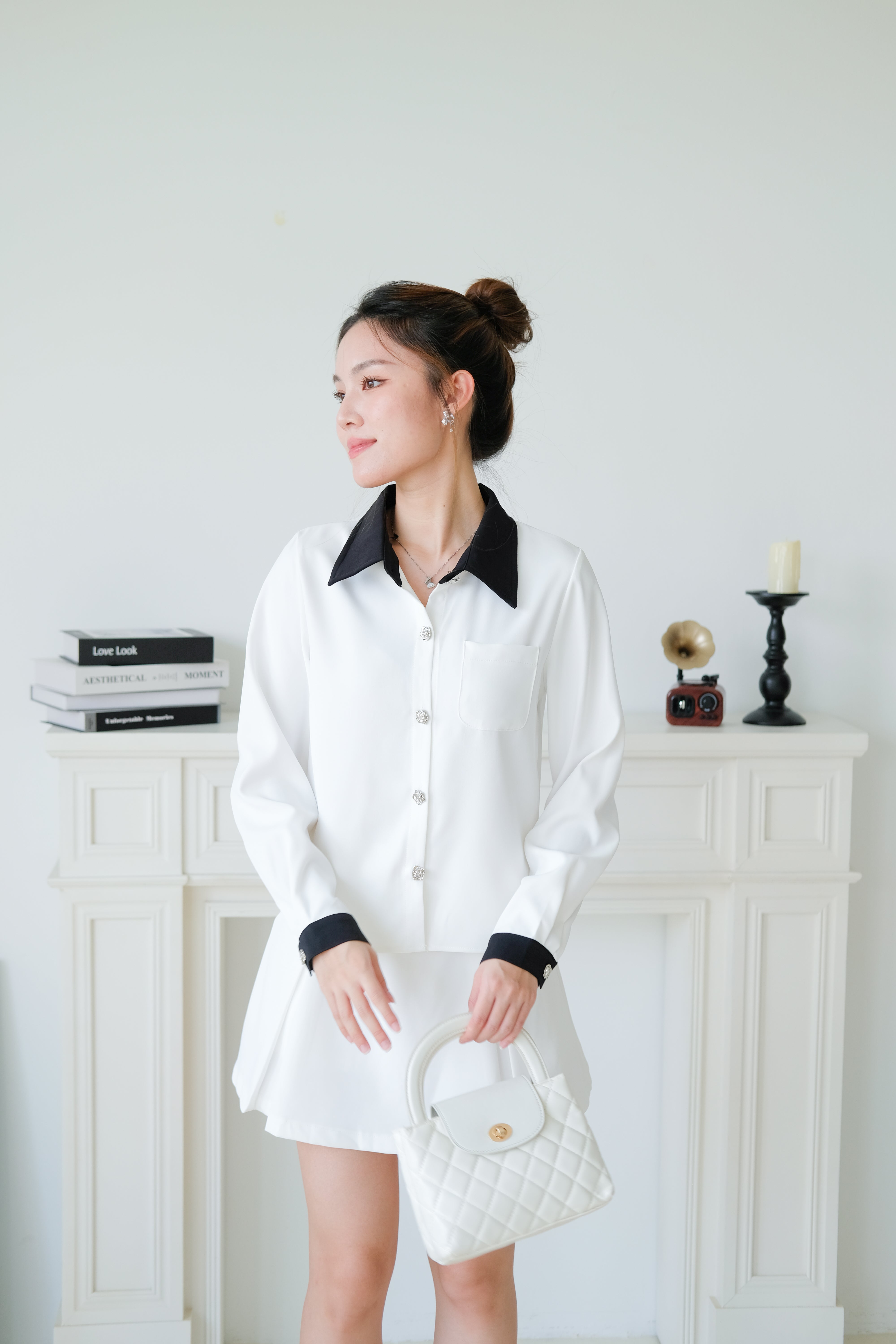 Colette Contrast Collared Casual Set (White)