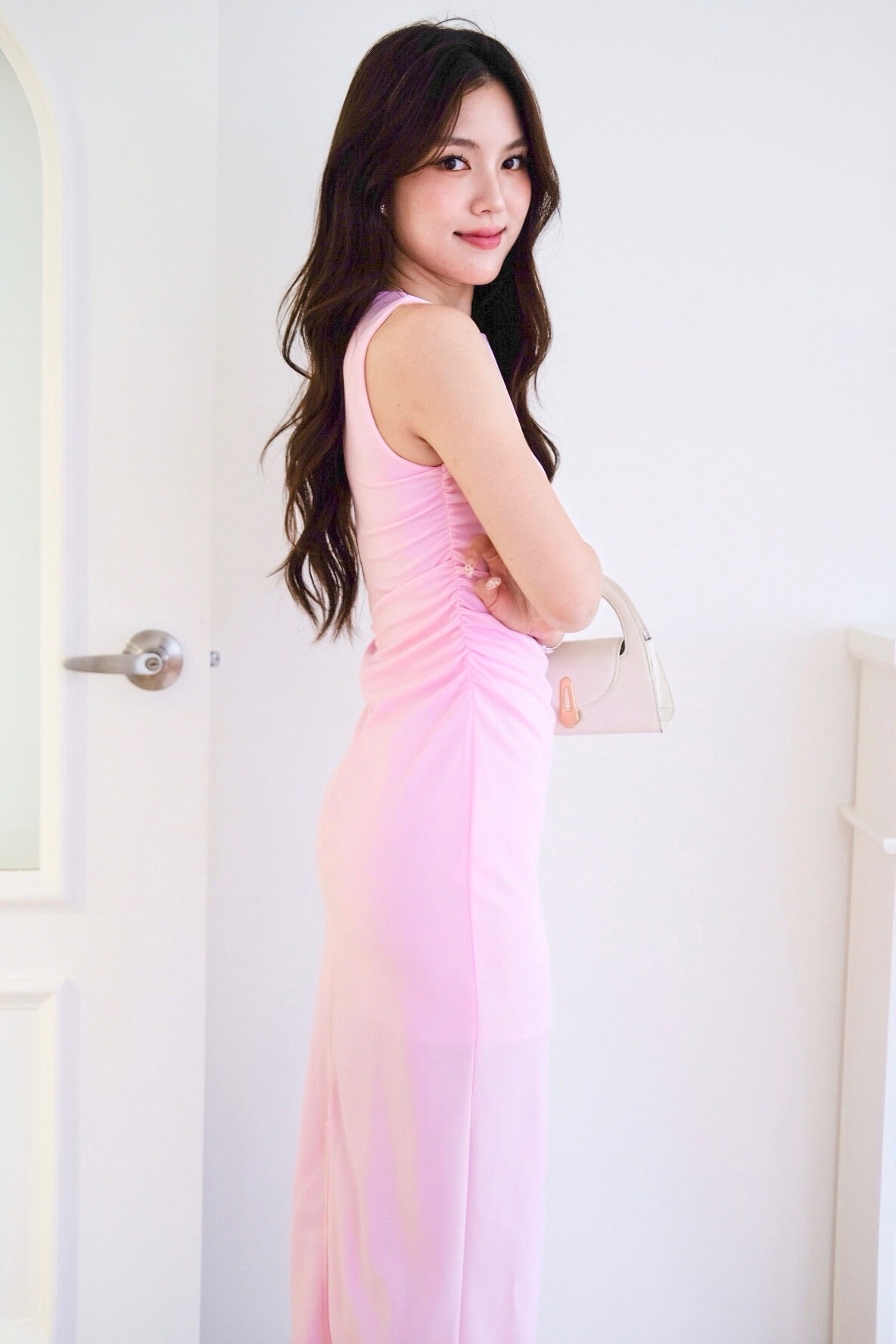 Brianna Ruched Jewel Bodycon Maxi Dress (Bright Pink)