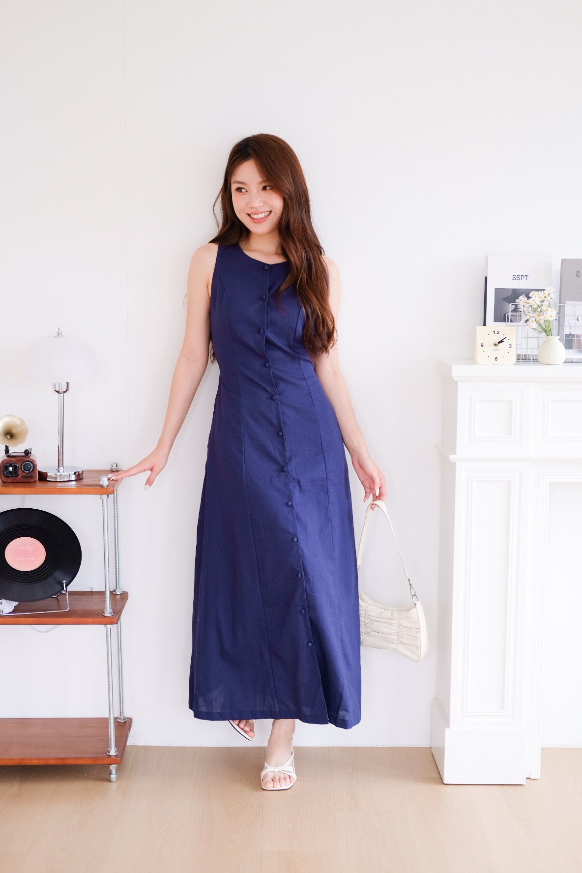 Arlette Button Linen Maxi Dress (Navy Blue)