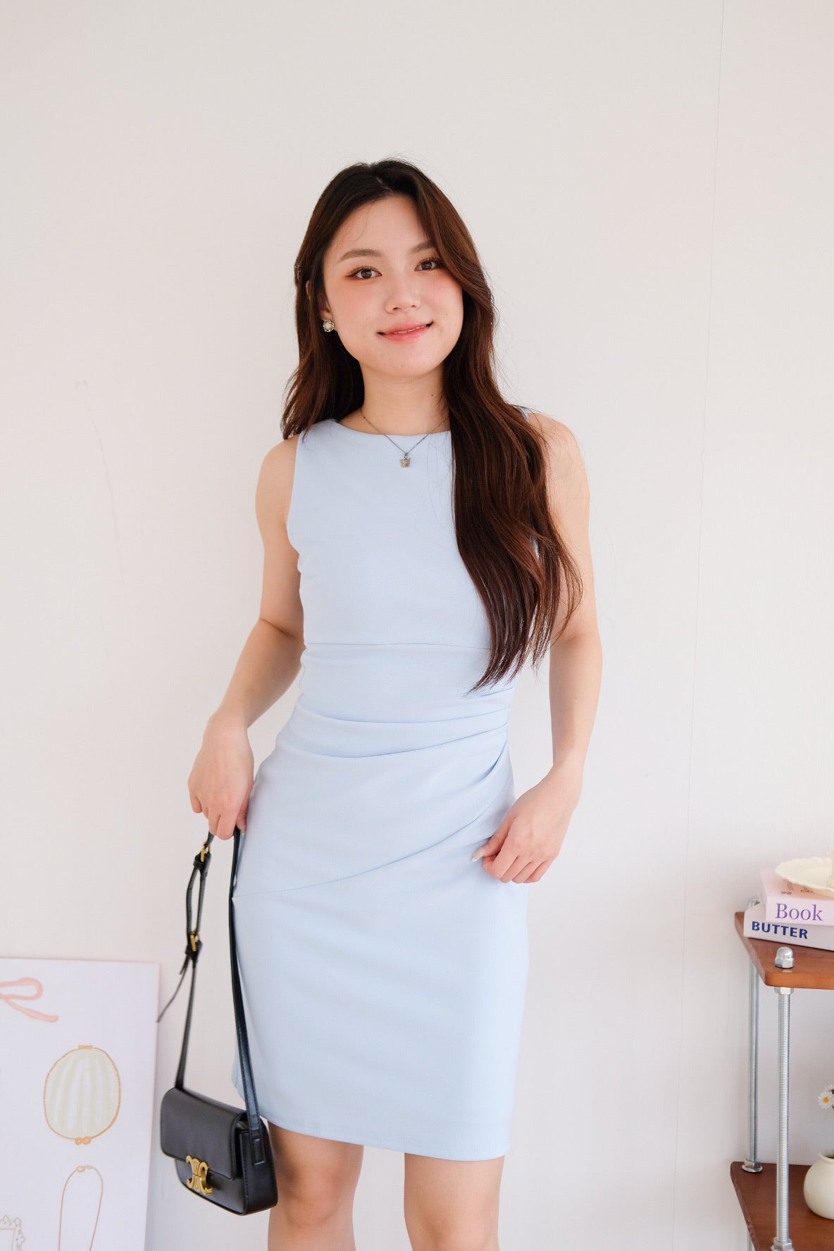 Annette Boatneck Ruched Midi Dress (Sky Blue)