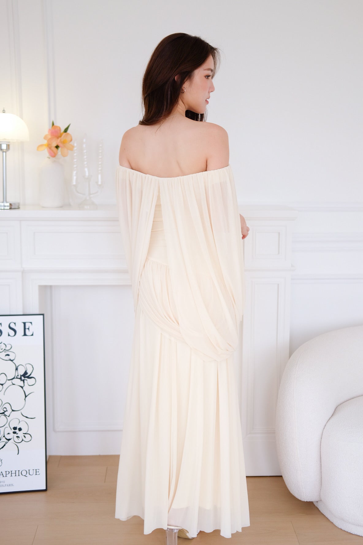 Jasmine Ruched Mesh Off Shoulder Maxi Dress (Pale Yellow)