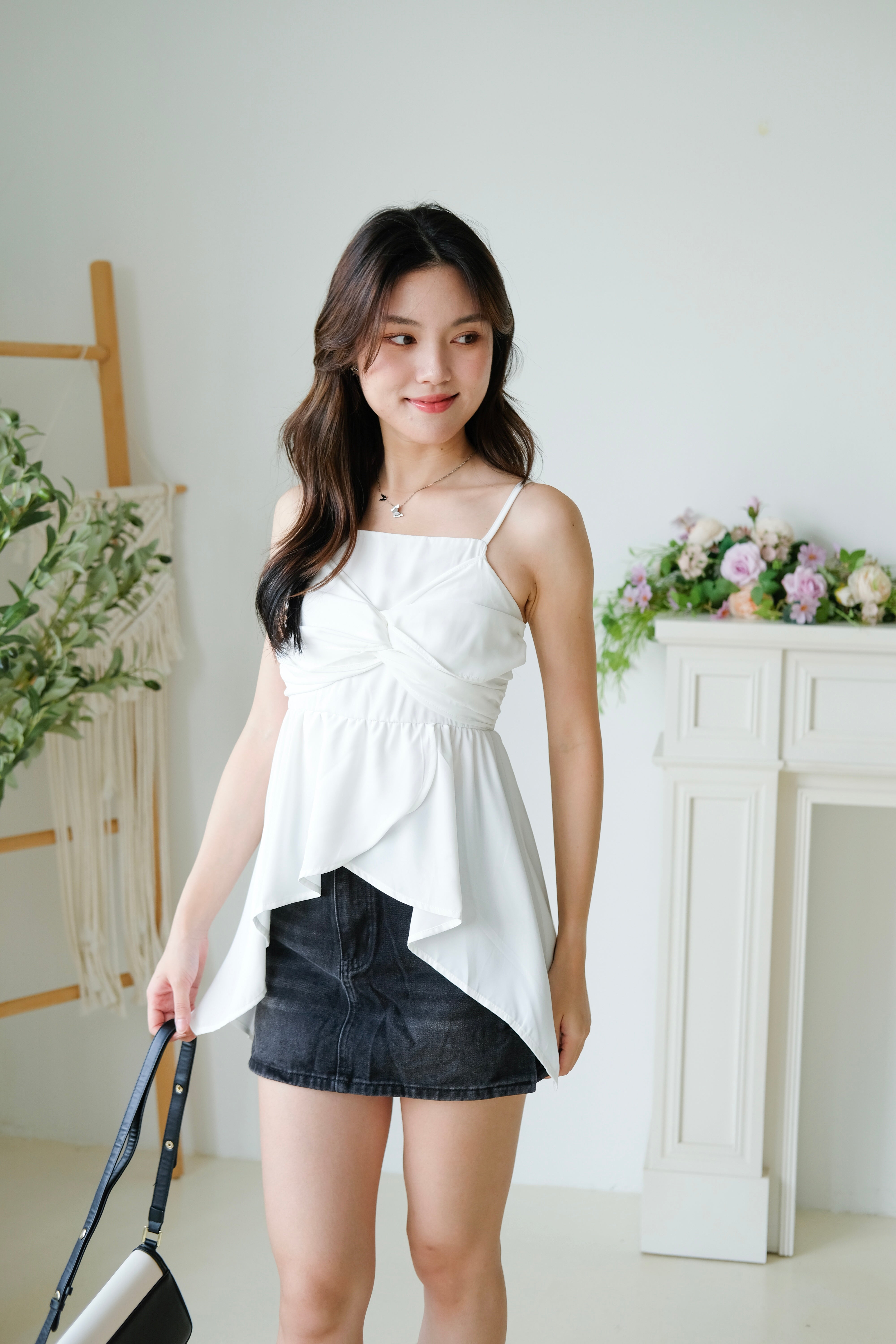 Natalie Twist Ruffle Asymmetrical Top (White)