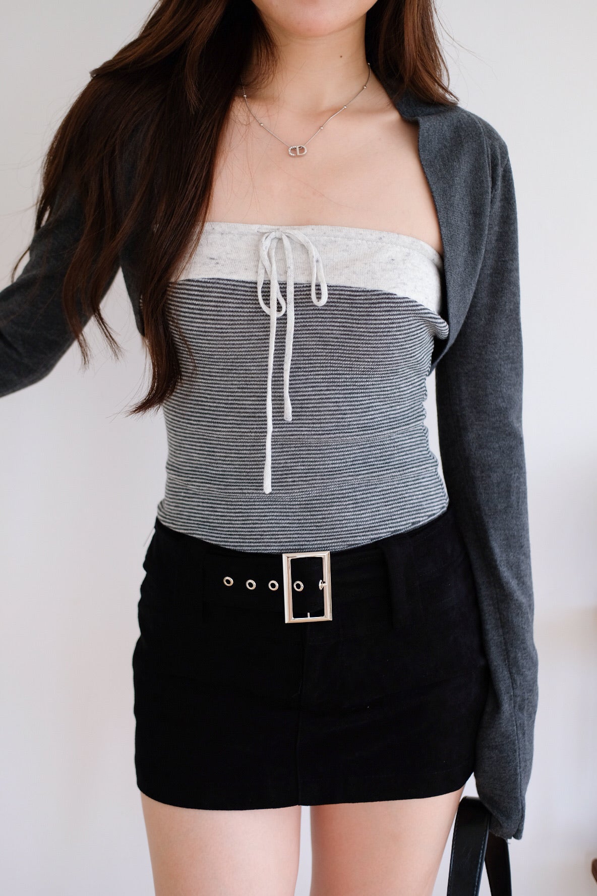Caitlin Tube Stripes 2 in 1 Cardigan Set (Steel Grey)