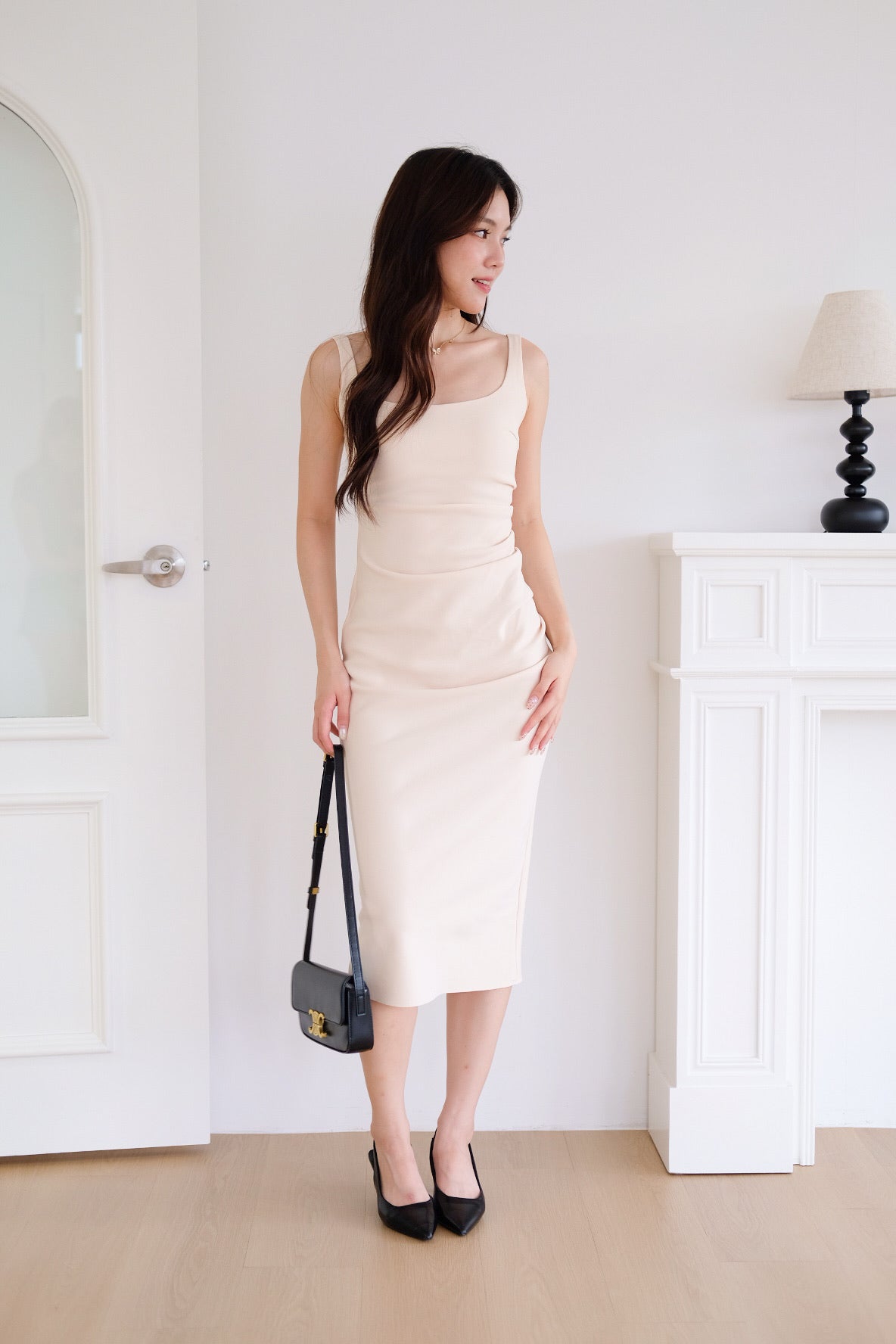 Claude Ruched Slim Fit Midi Dress (Warm Beige)