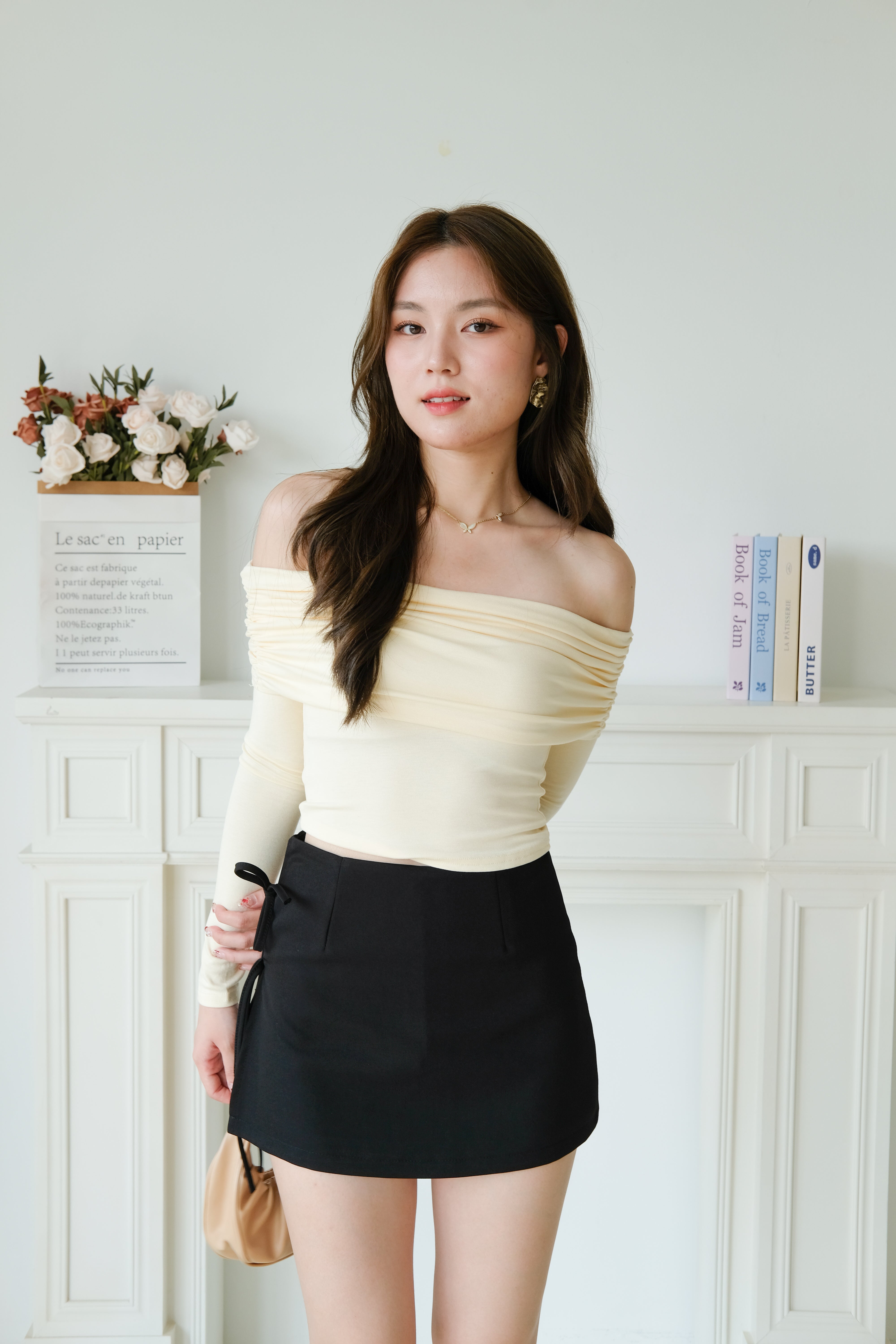 Juliette Overlap Off Shoulder Top (Pale Yellow)