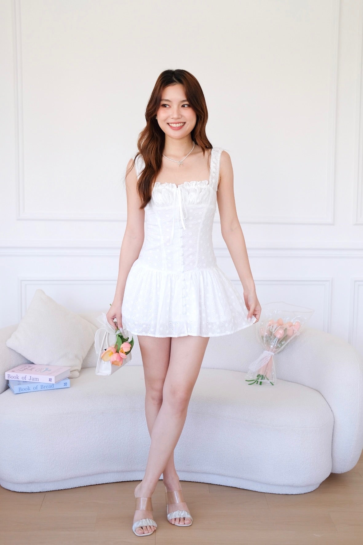 Avana Ruched Eyelet Dress (White)