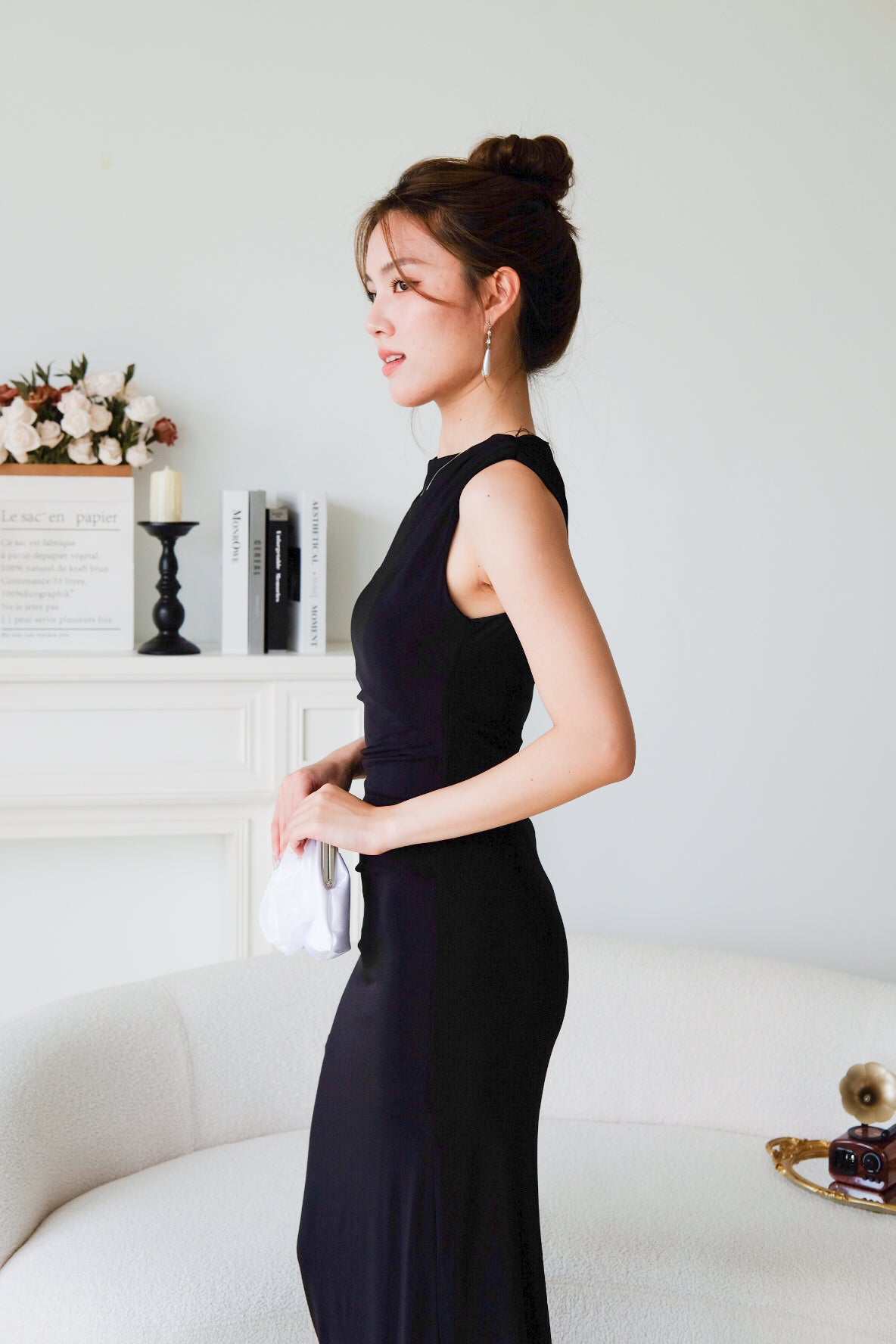 Paisley Ruched Jewel Bodycon Dress (Black)