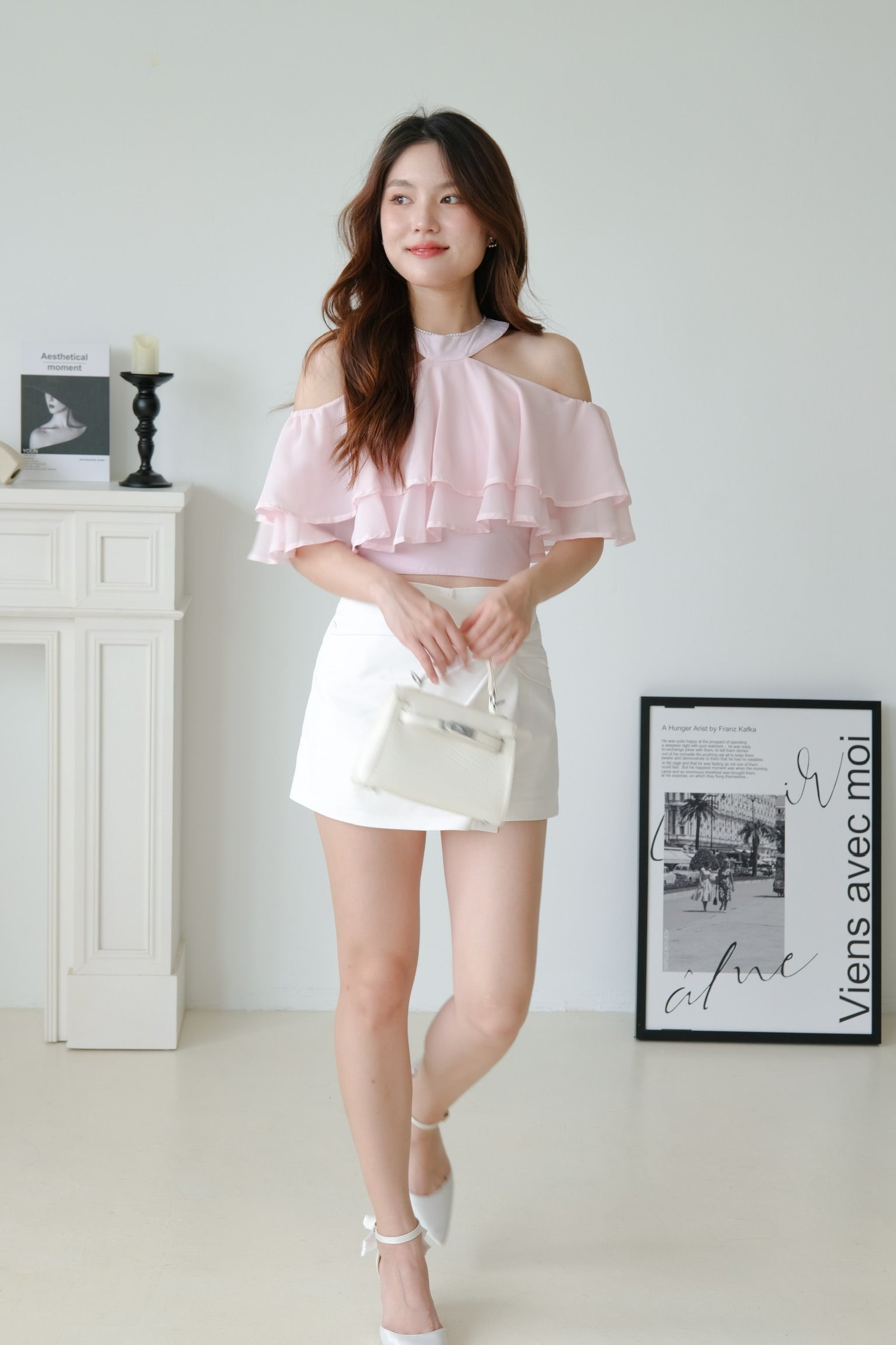 Estelle Halter Ruffle Tiered Crop (Pink)