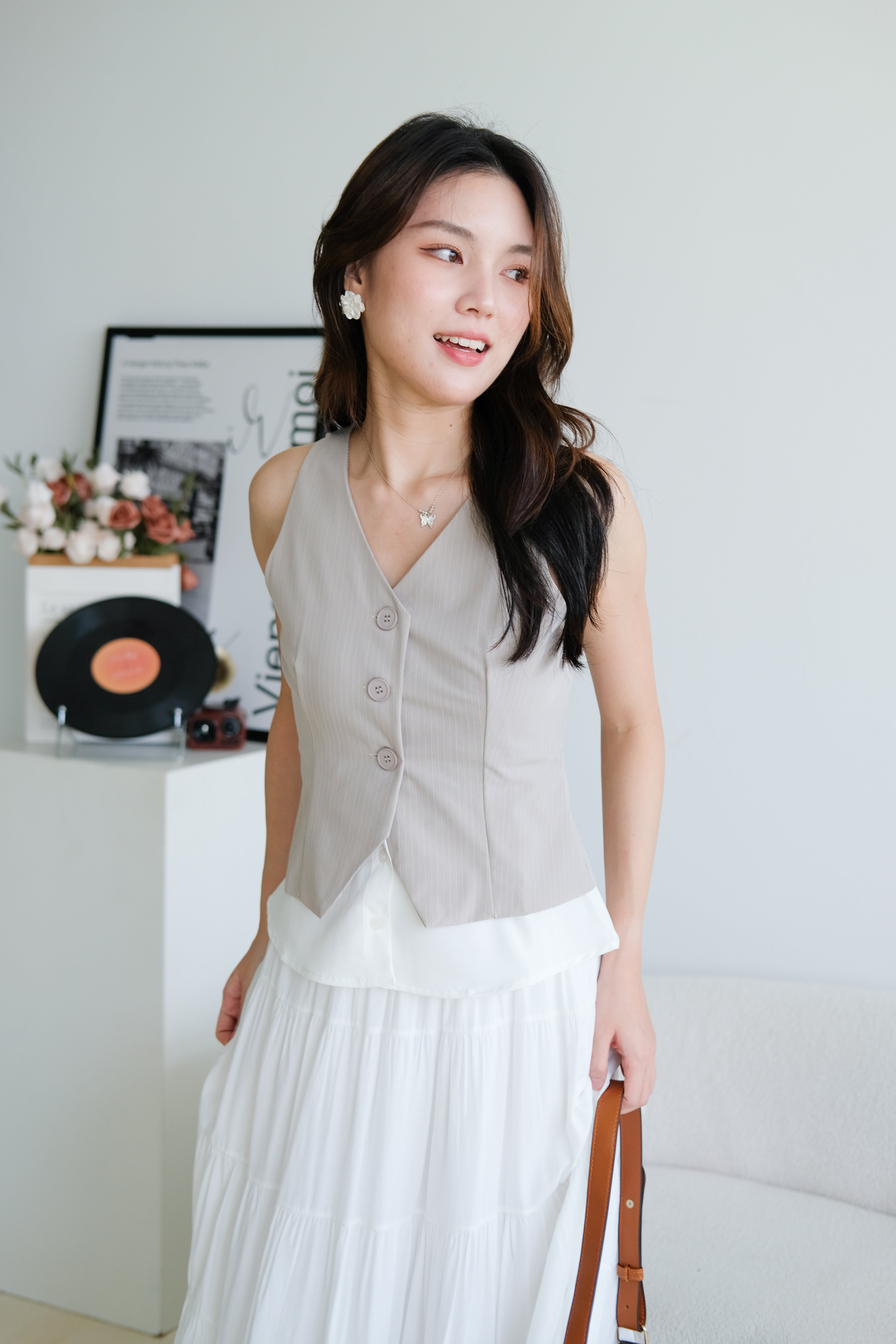 Veen Pinstripe Contrast Vest Top (Light Grey)