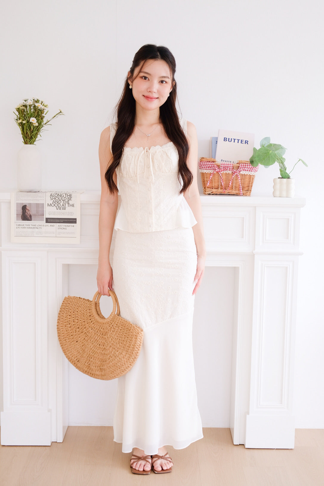 Jacqueline Eyelet Mermaid Maxi Skirt (Cream)