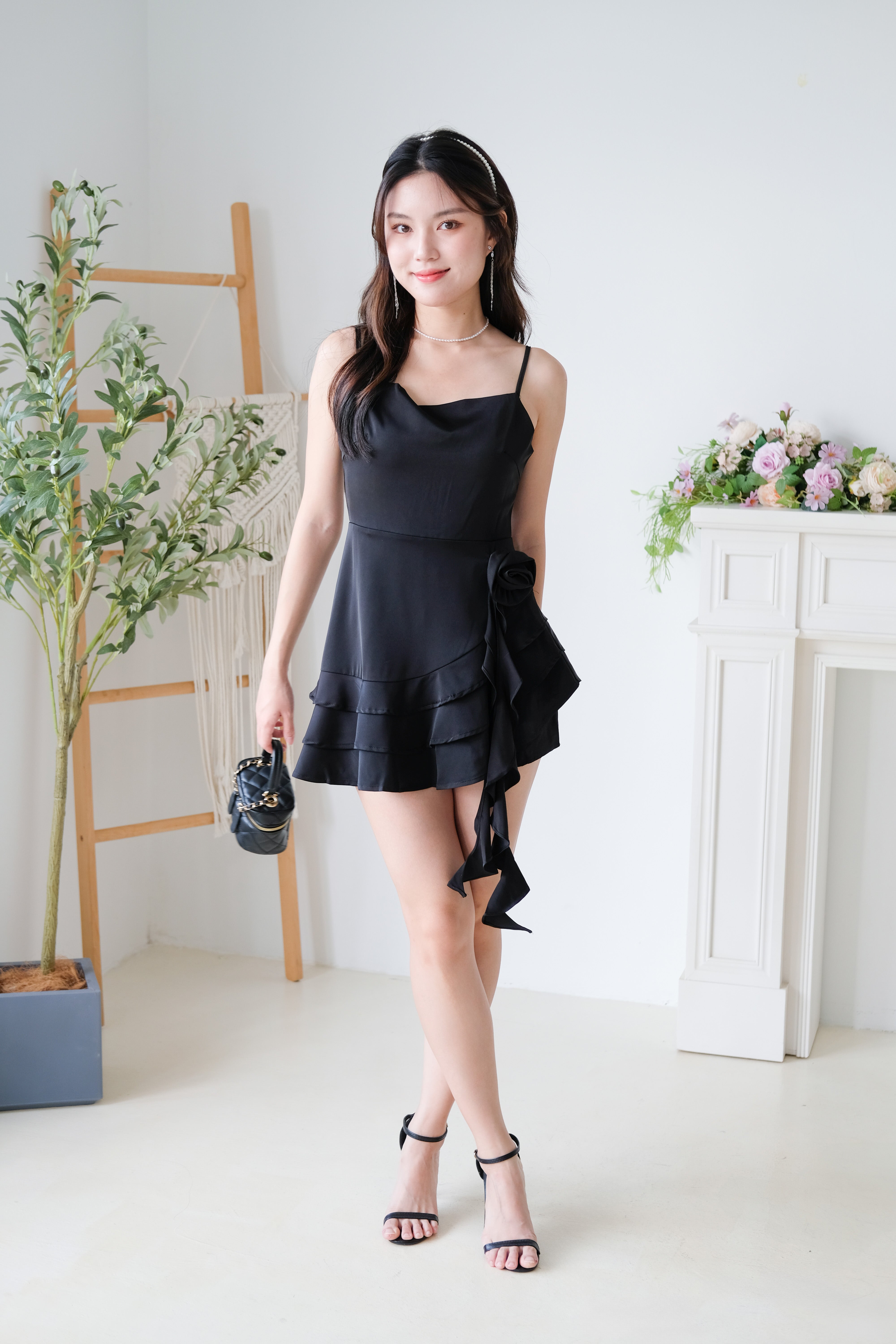 Dewy Satin Ruffle Dress (Black)