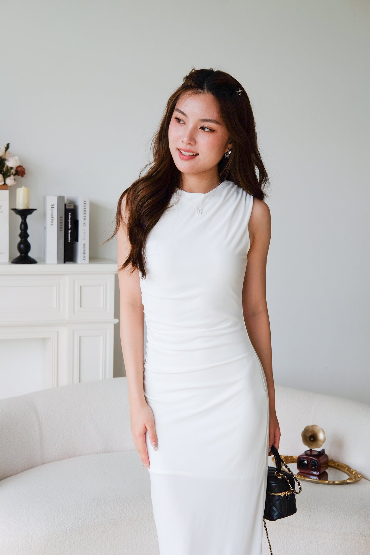 Paisley Ruched Jewel Bodycon Dress (White)