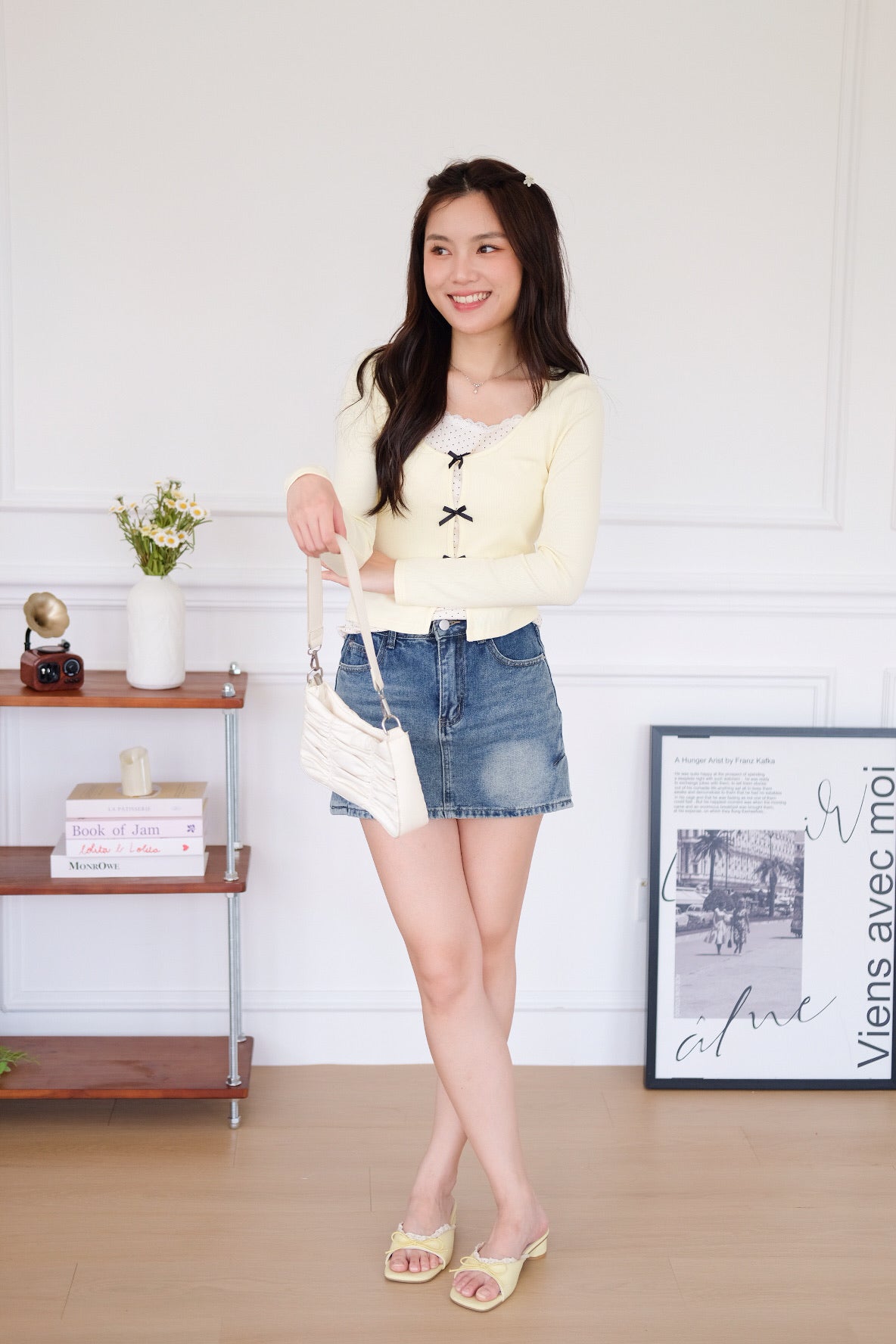 Ahyeon Contrast Polka Long Sleeve Top (Light Yellow)
