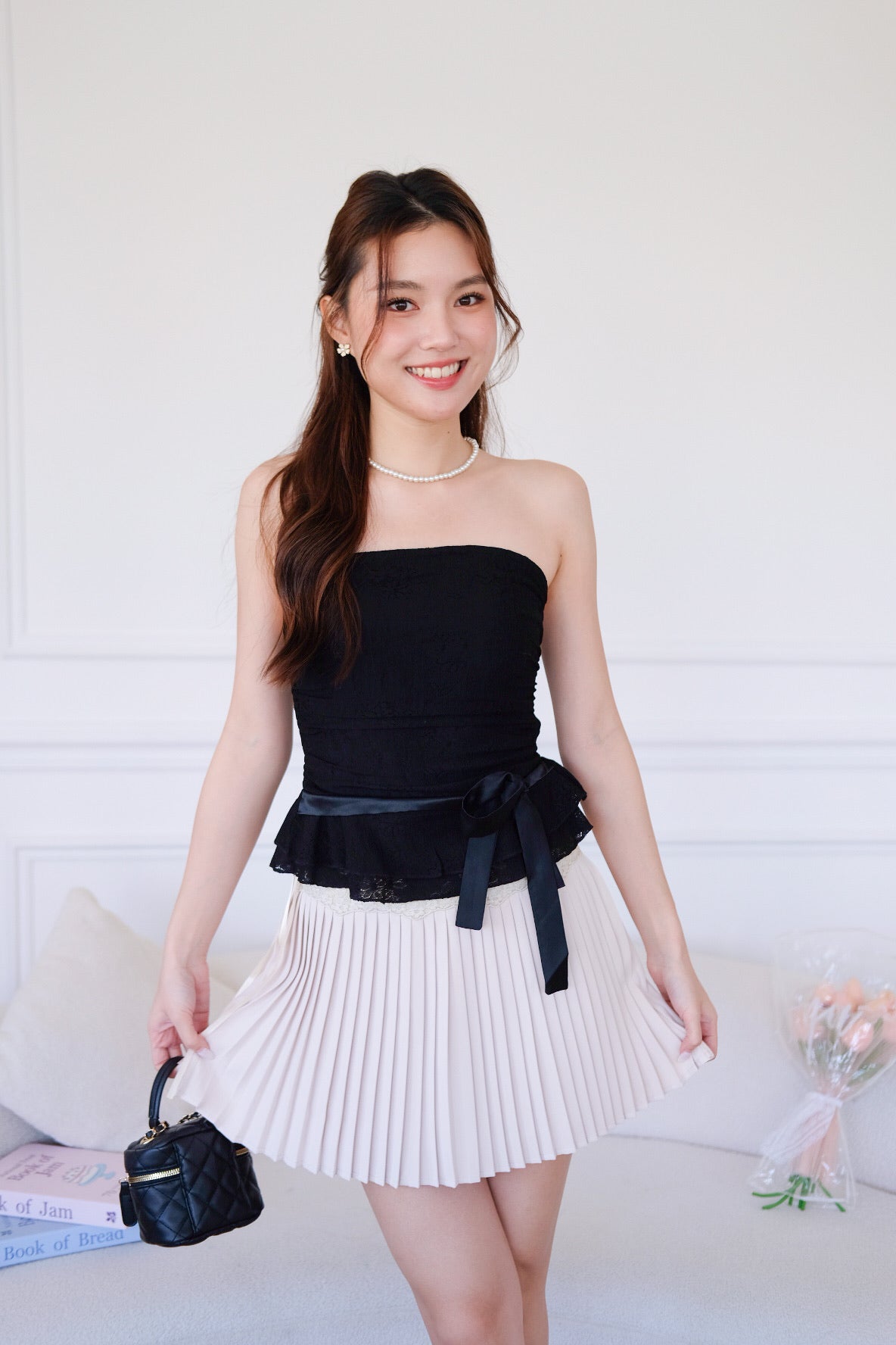 Cora Brocade Ribbon Tube Top (Black)