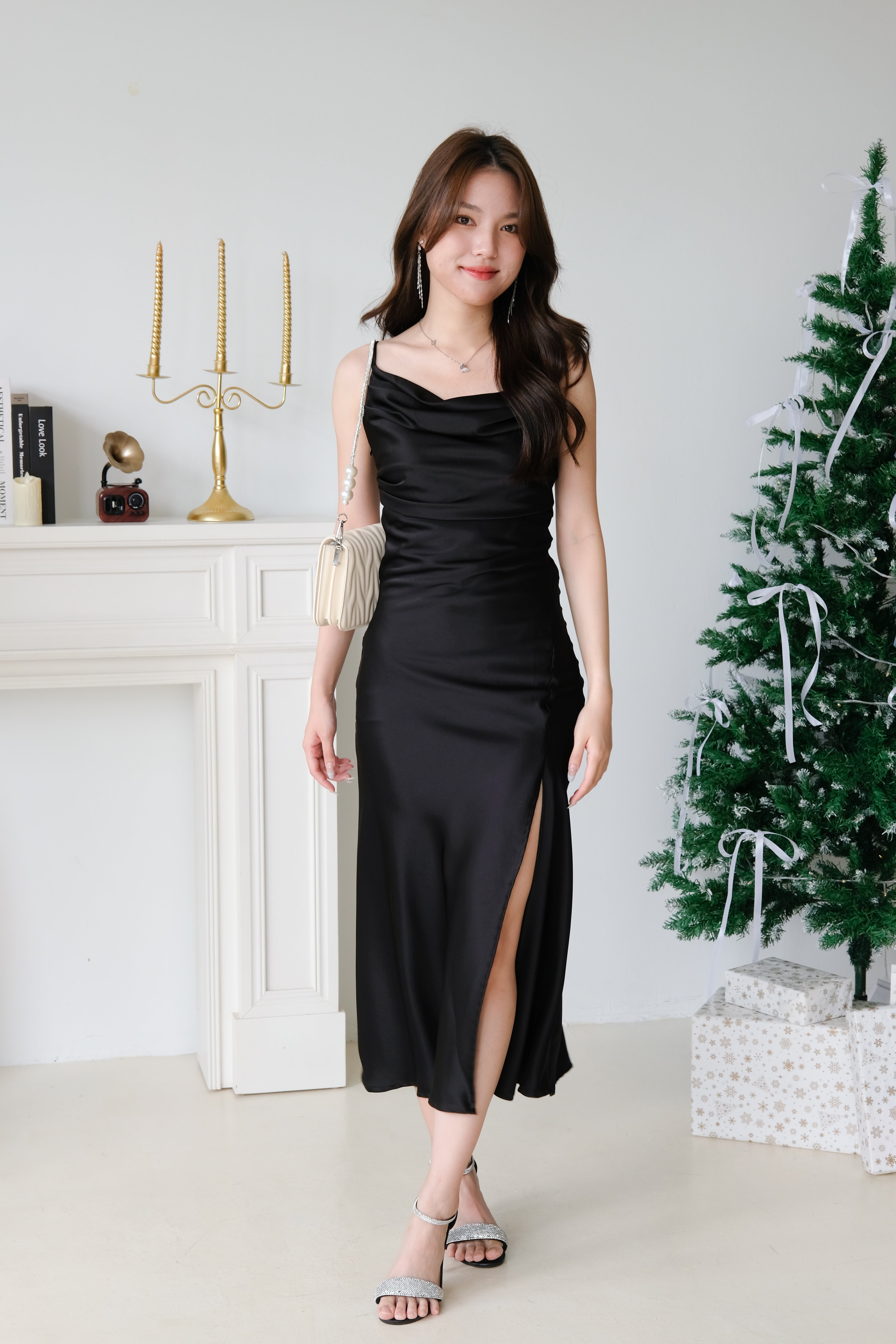 Angel Draped Mermaid Satin Midi Dress (Black)