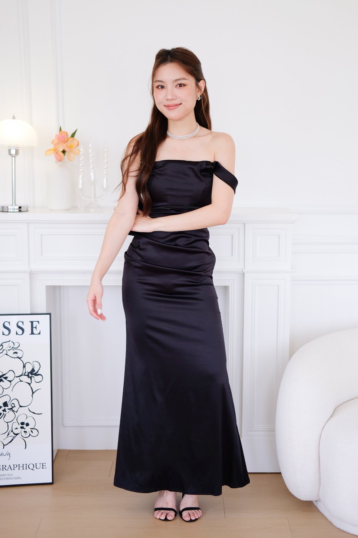 Ophelia Satin Mermaid Maxi Dress (Black)