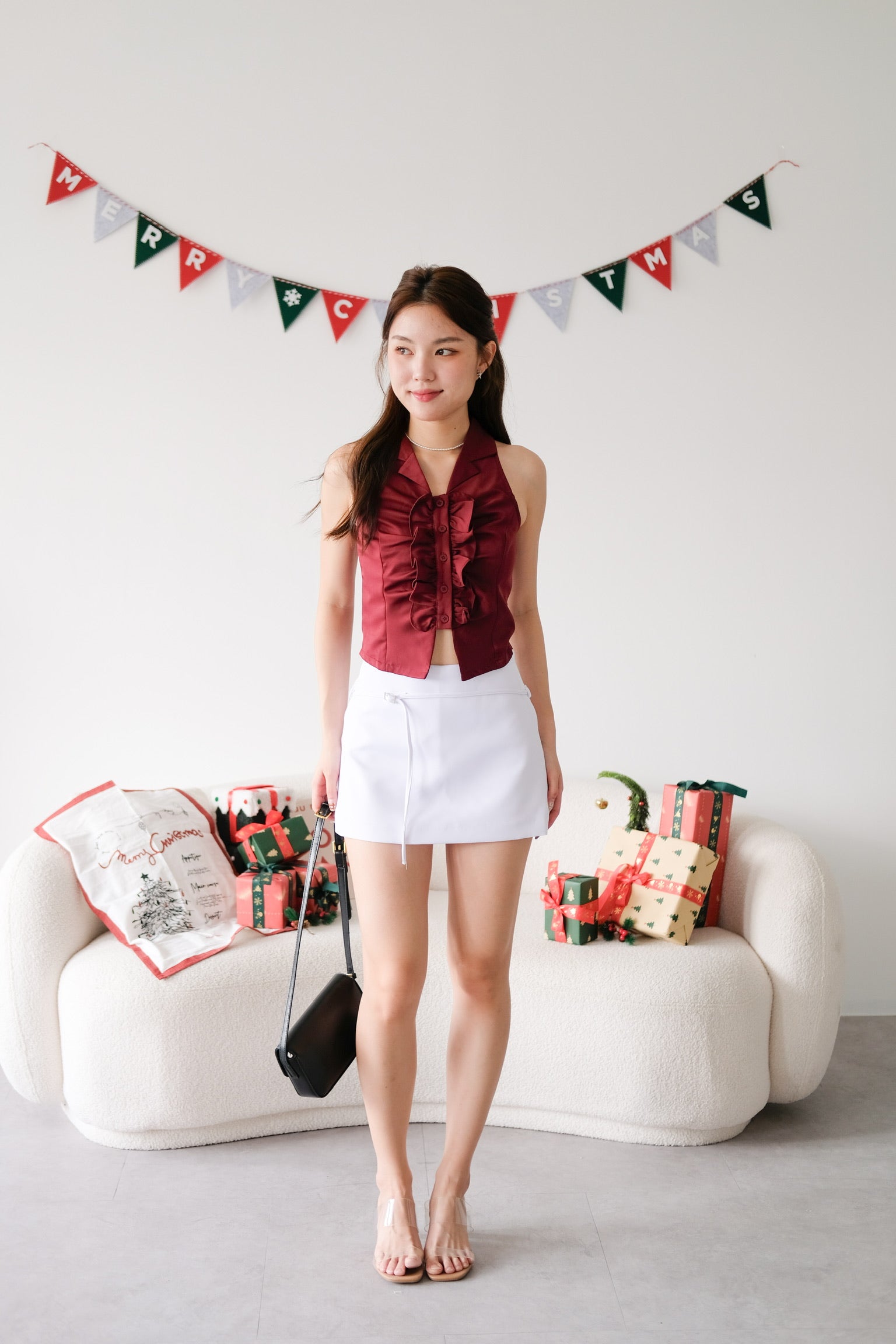 Naru Ruffle Collared Crop Top (Maroon)