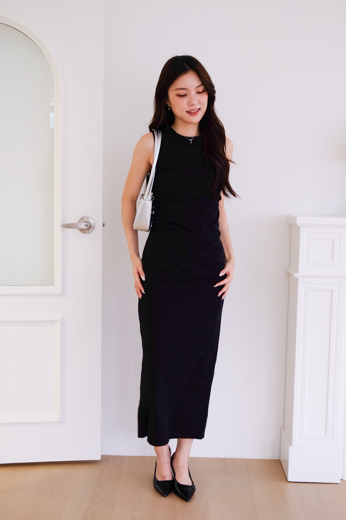 Brianna Ruched Jewel Bodycon Maxi Dress (Black)