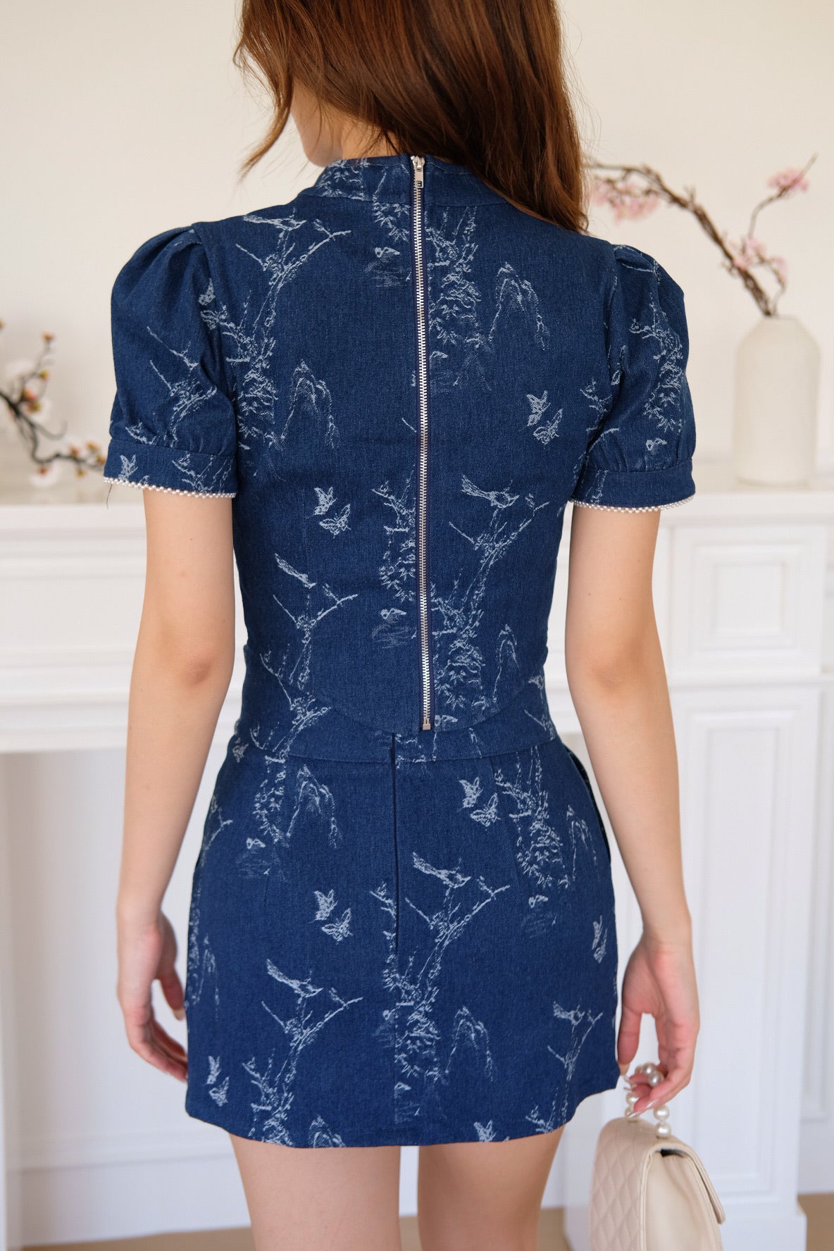 Jun Ru Floral Pearl Denim Cheongsam Set (Dark Blue)