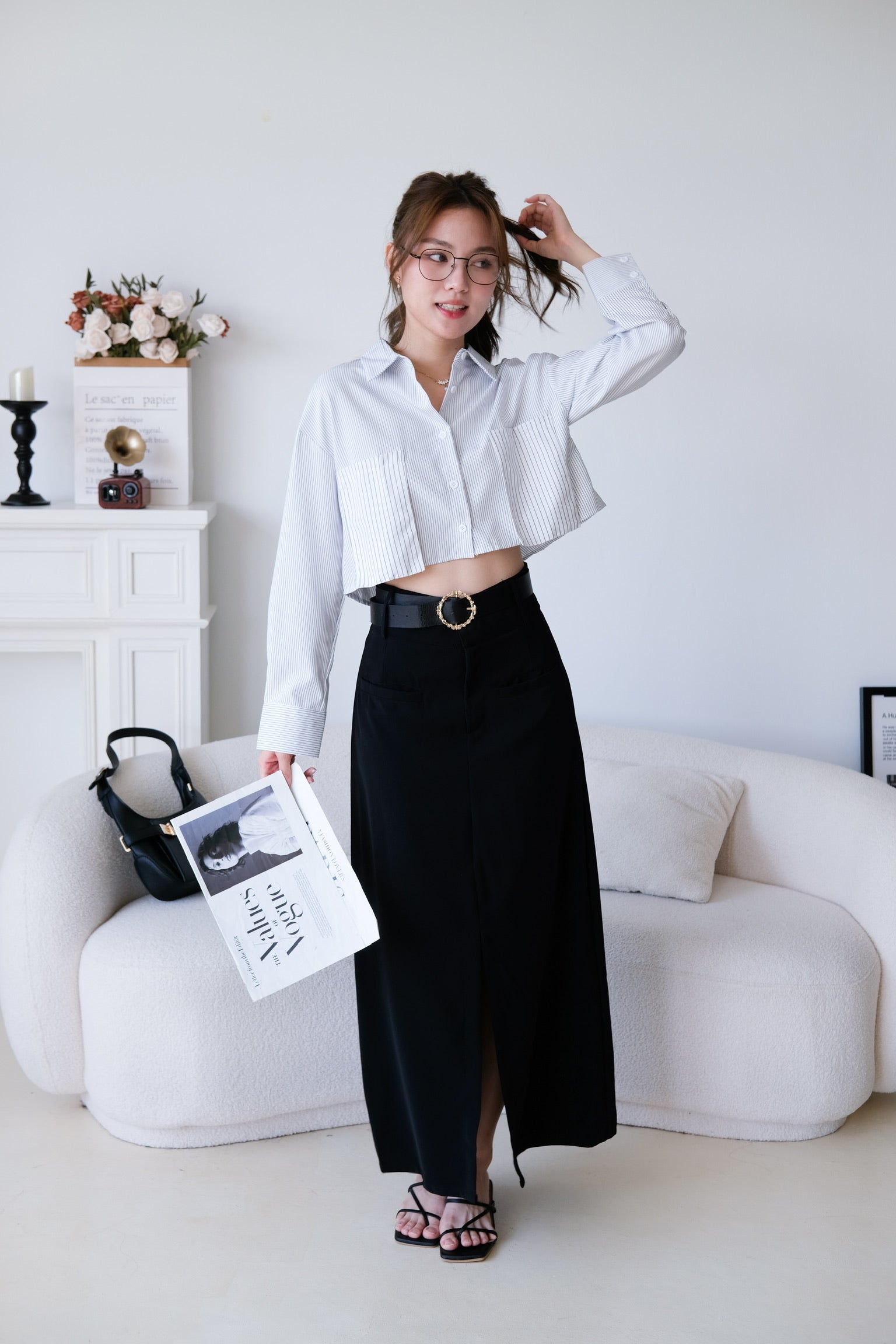 Rora Oversized Stripes Cropped Blouse (White)