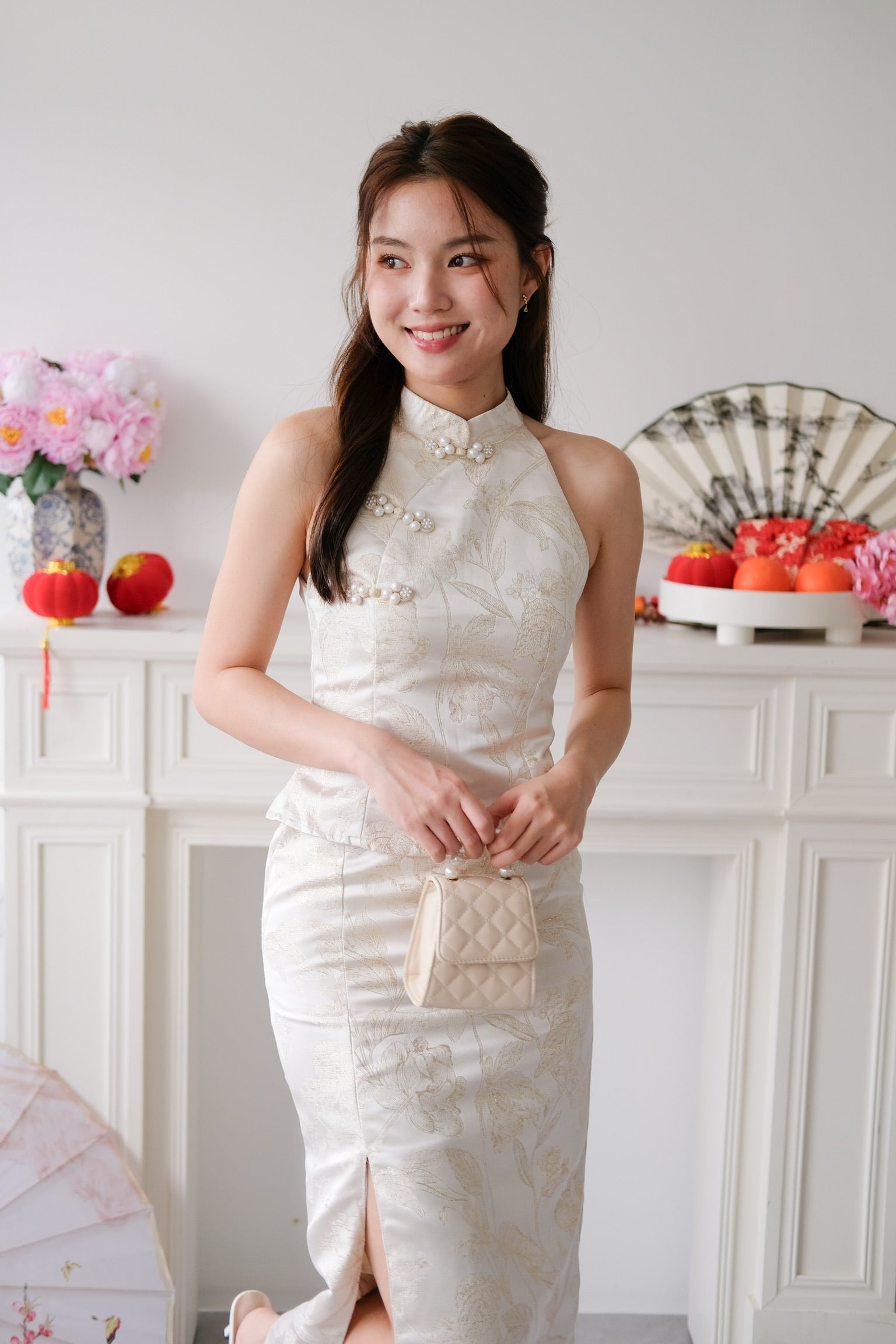 Yan Xi Halter Maxi Cheongsam Set (Cream Gold)