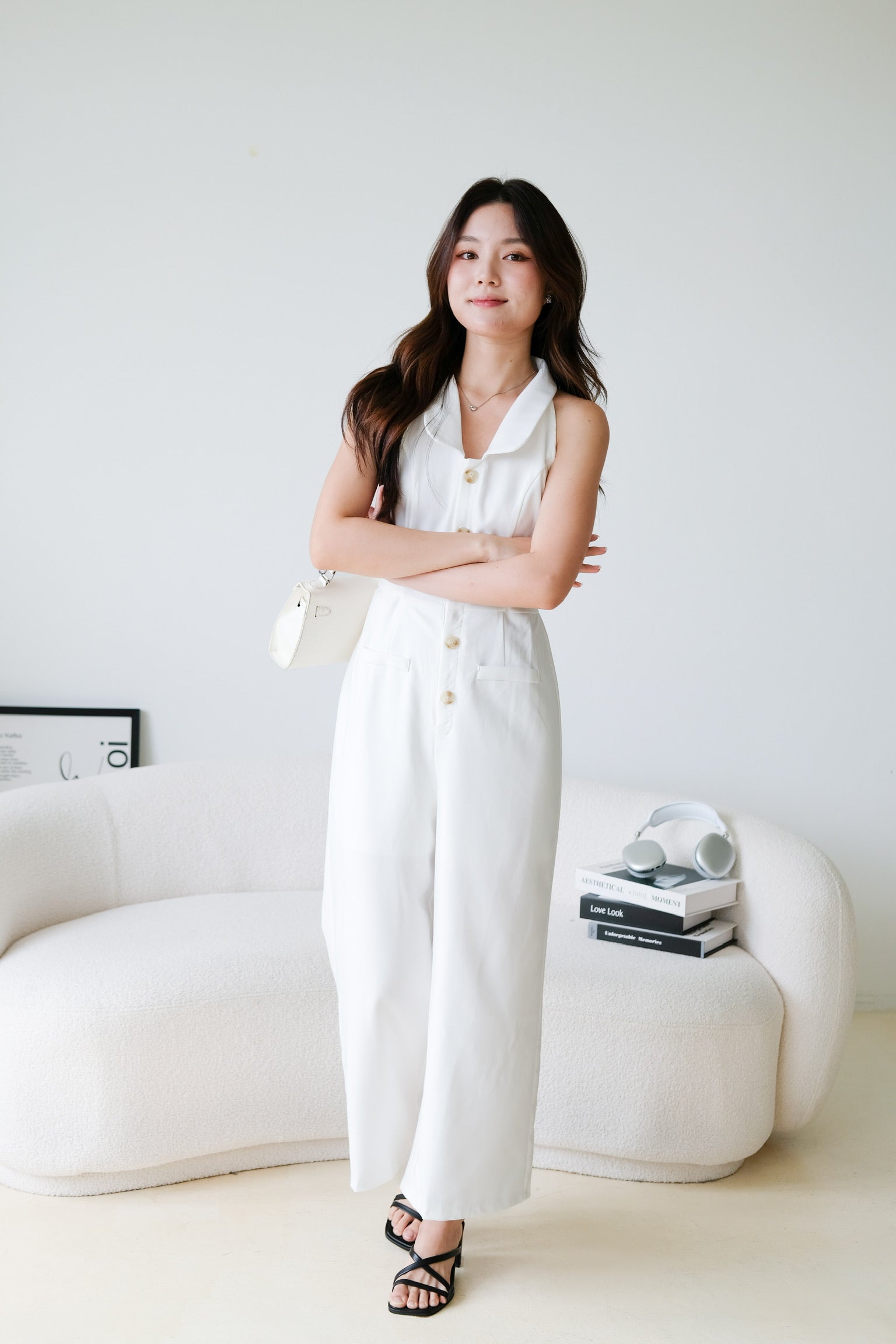 Day and Night Collared Long Jumpsuit (White)