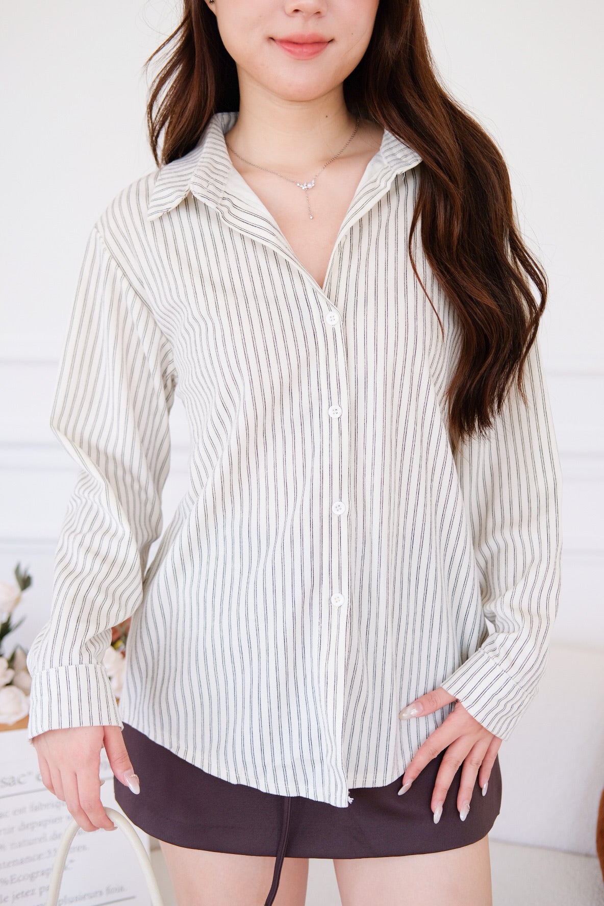 Henley Pinstripe Suede Shirt (Cream)