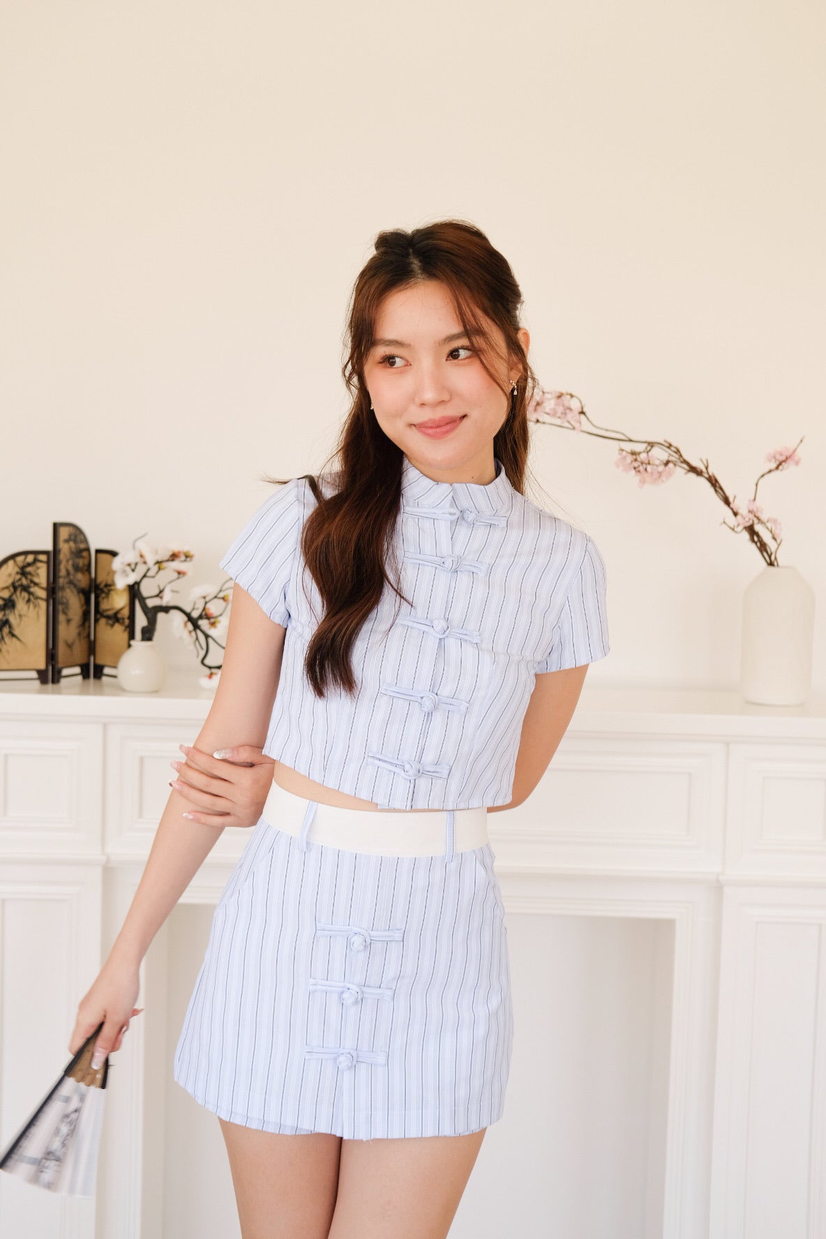 Jane Striped Cheongsam Set (Blue)