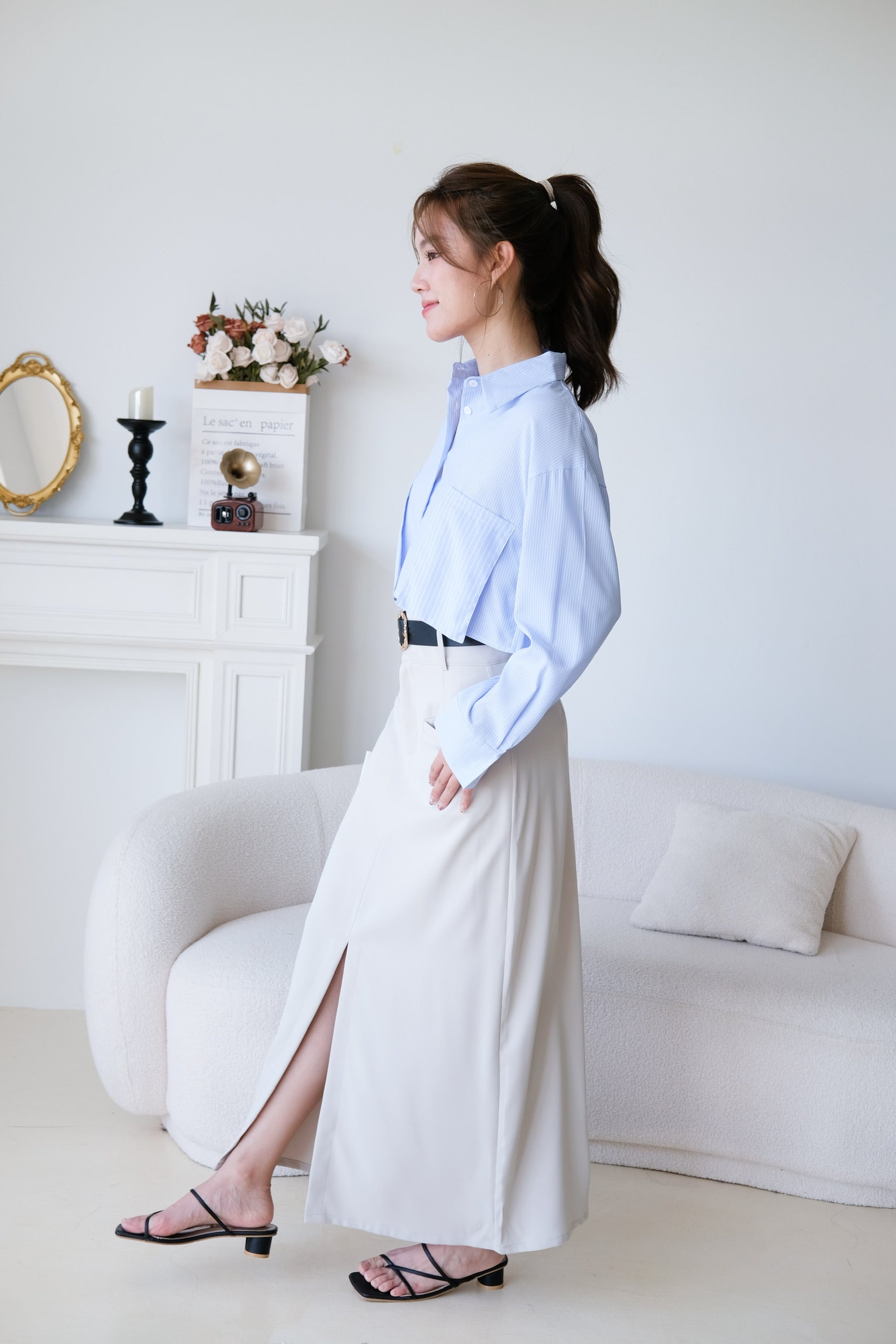 Rora Oversized Stripes Cropped Blouse (Blue)
