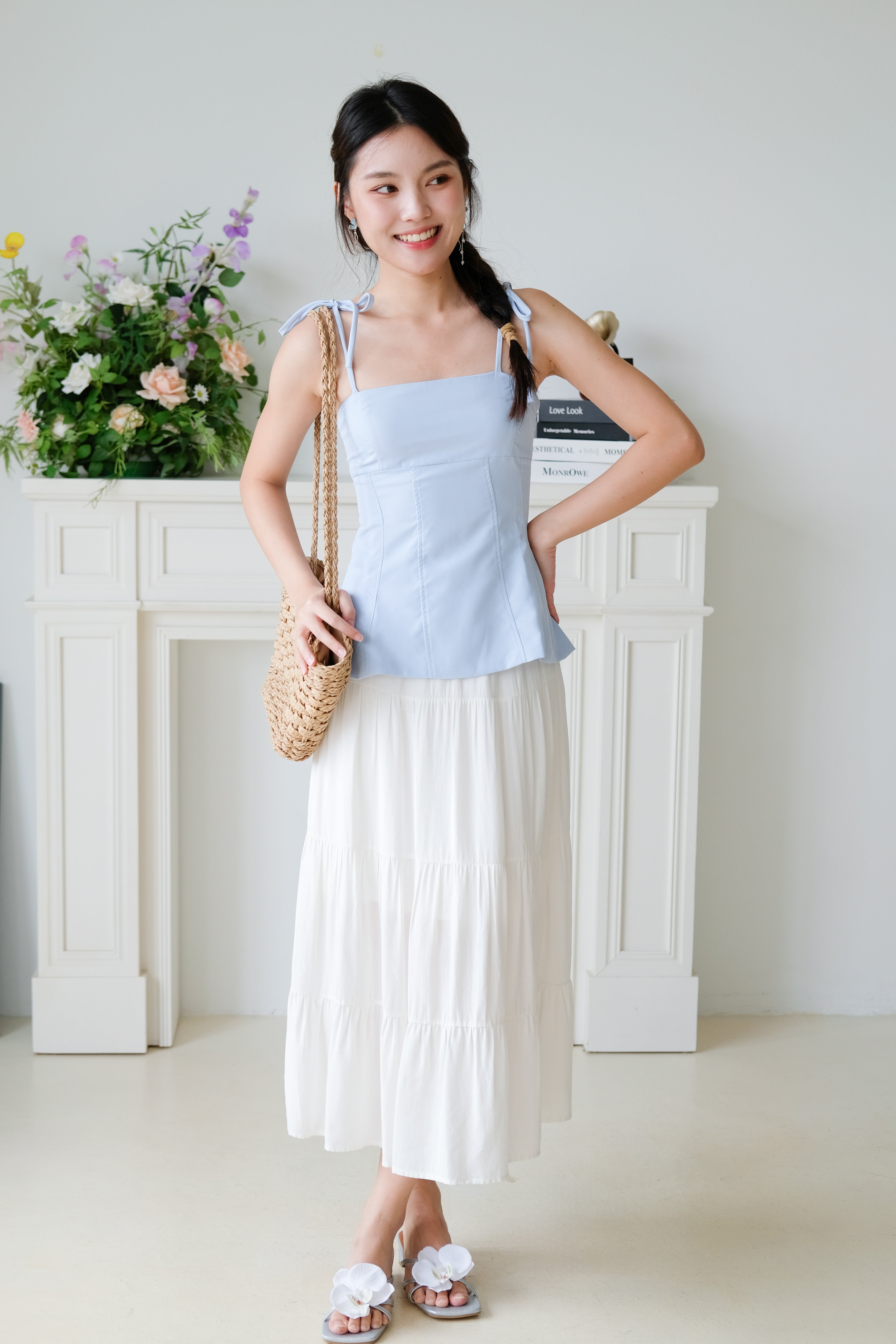 Marilyn Self Tie Ribbon Top (Plain Blue)