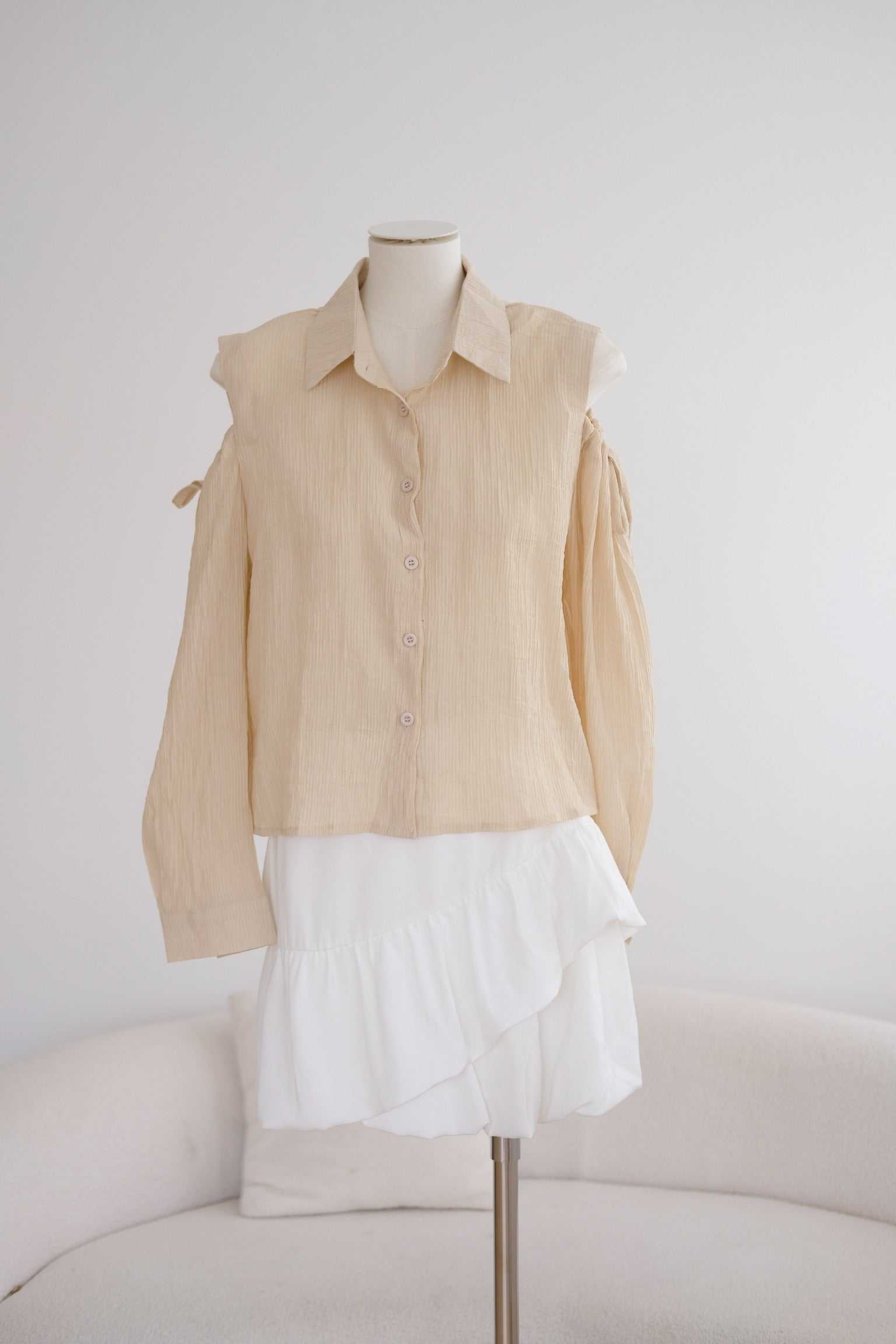 Beige Cold Shoulder Long Sleeves Top