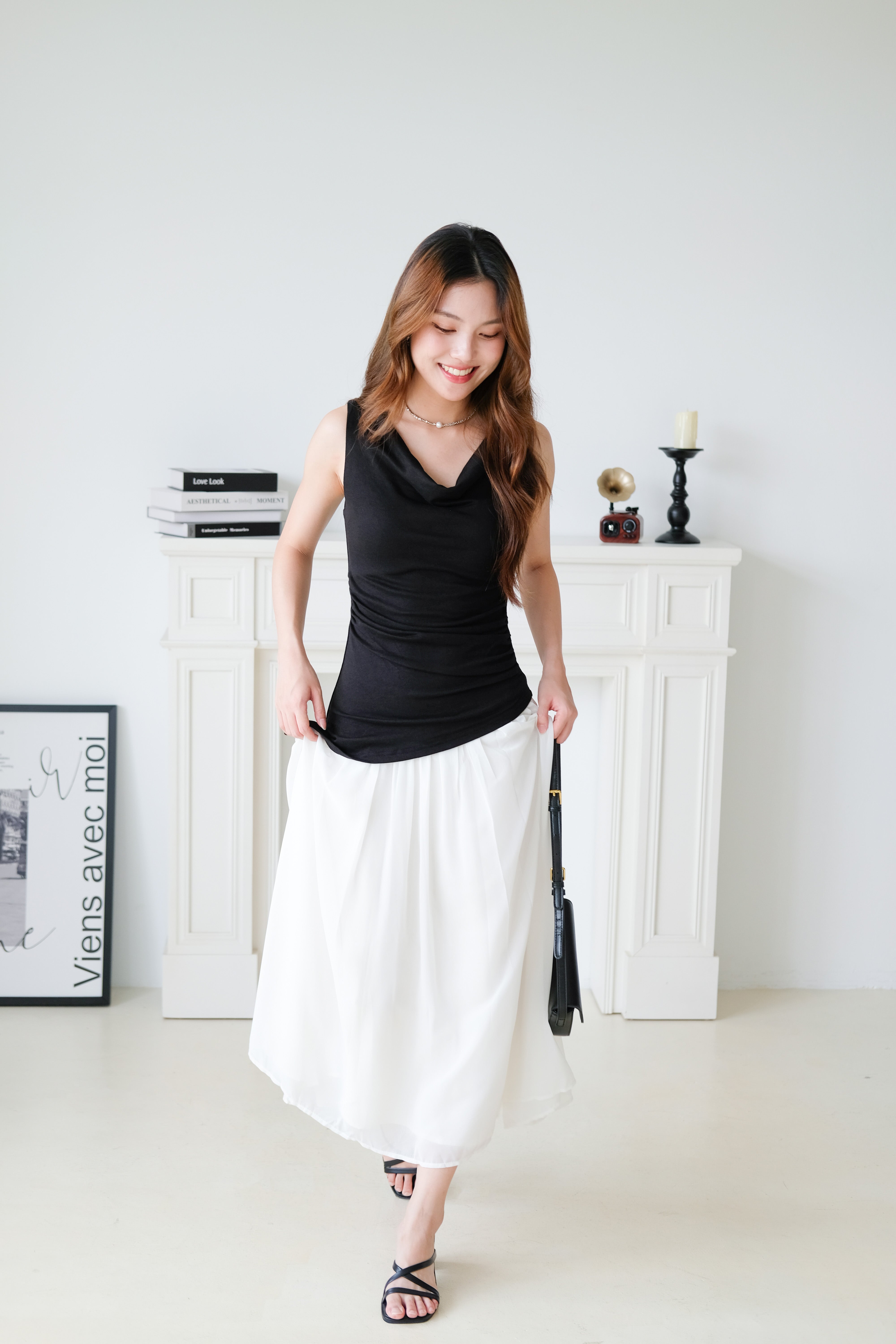Soleil Contrast Asymmetrical Dress (Black)