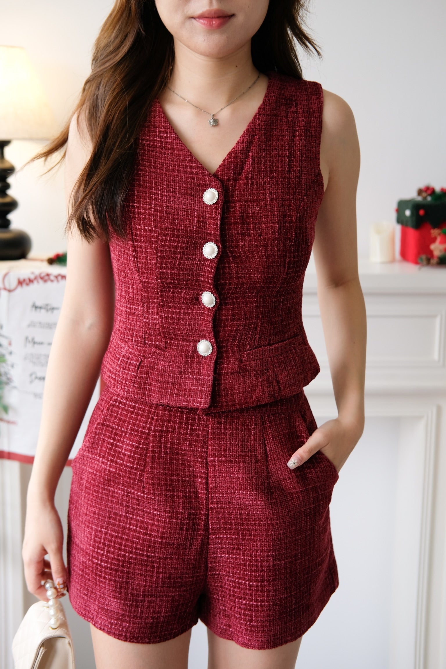 Eleanor Velvet Tweed Set (Burgundy)