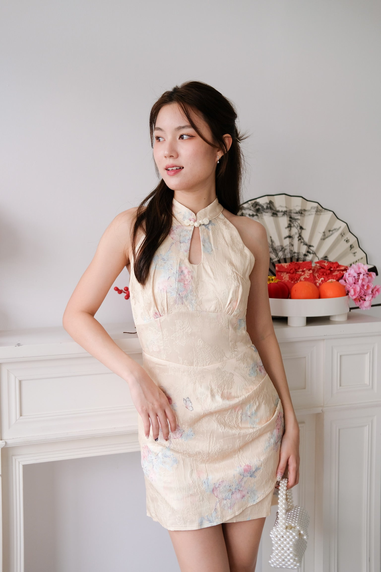 Yu Jin Halter Floral Tulip Cheongsam (Mustard Yellow)