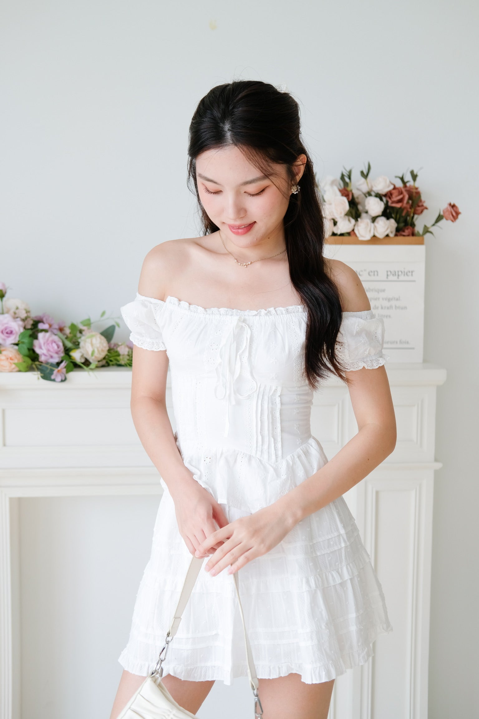 Nara Eyelet Off Shoulder Crop (White)