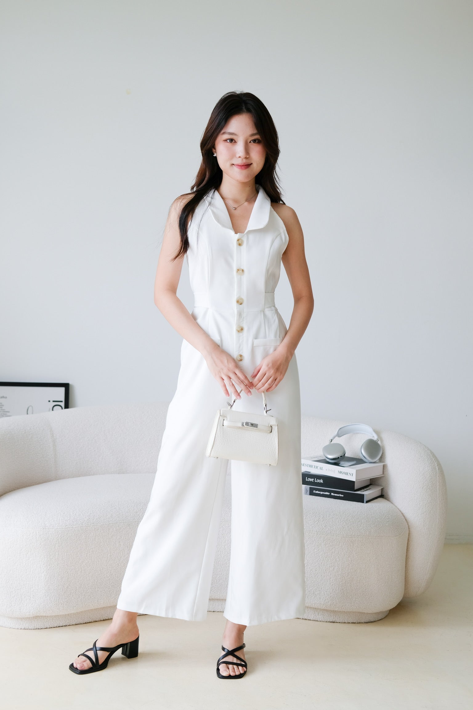 Day and Night Collared Long Jumpsuit (White)