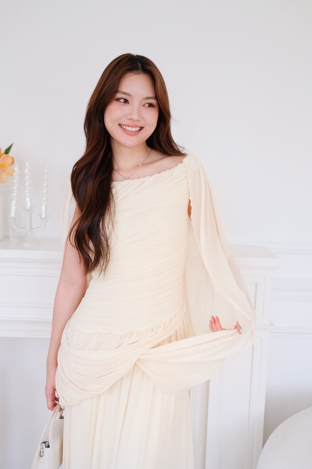 Jasmine Ruched Mesh Off Shoulder Maxi Dress (Pale Yellow)