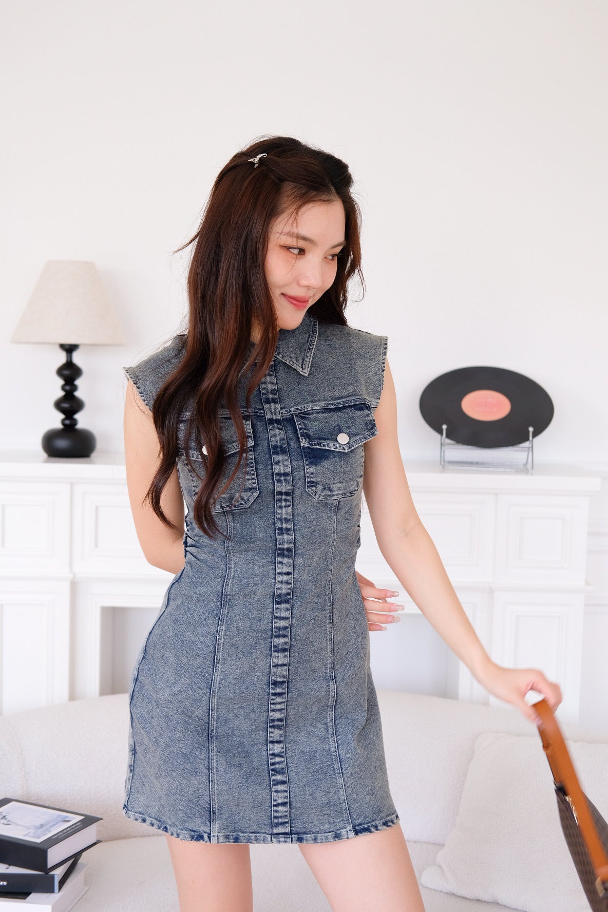 Zia Collared Denim Dress (Acid Medium Blue)