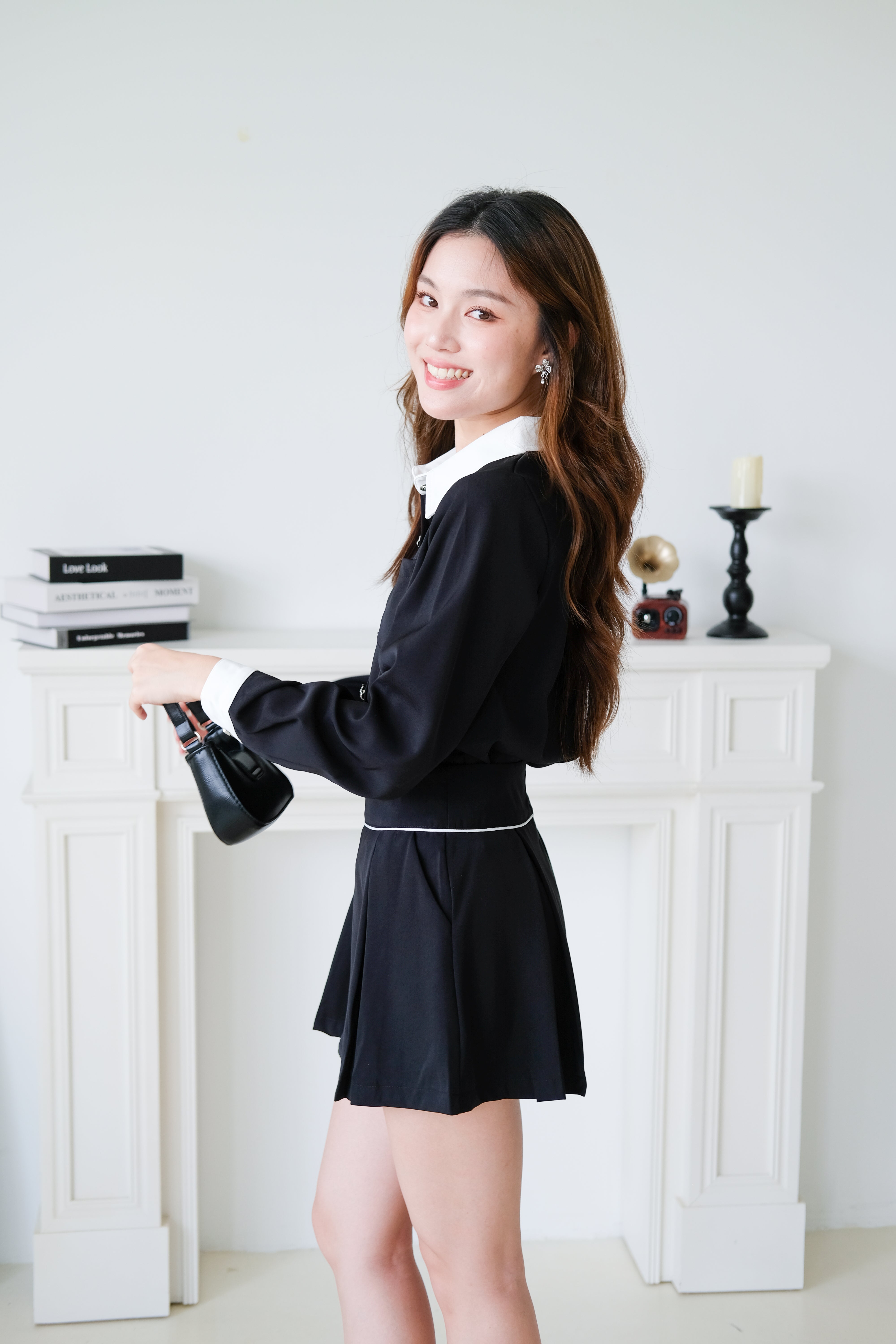 Colette Contrast Collared Casual Set (Black)