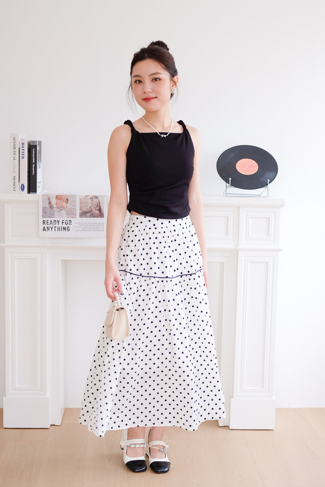Alva Vintage Contrast A Line Skirt (Polka White)