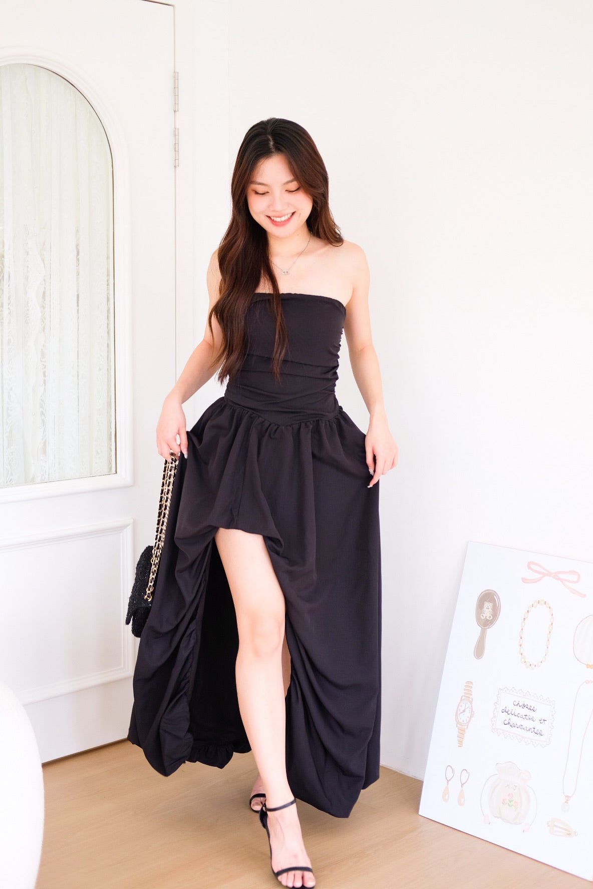 Vianna Asymmetrical Slit Bubble Maxi Dress (Black)