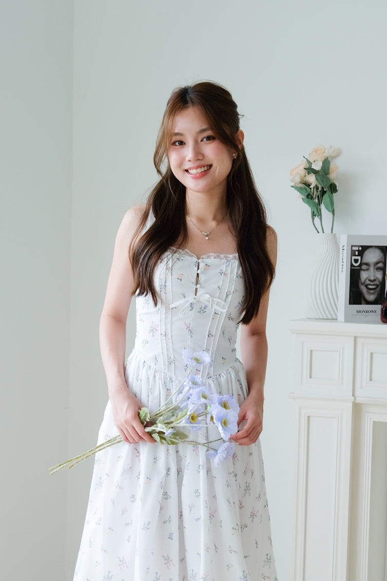 Hallie Floral Lace Corset Maxi Dress (White)