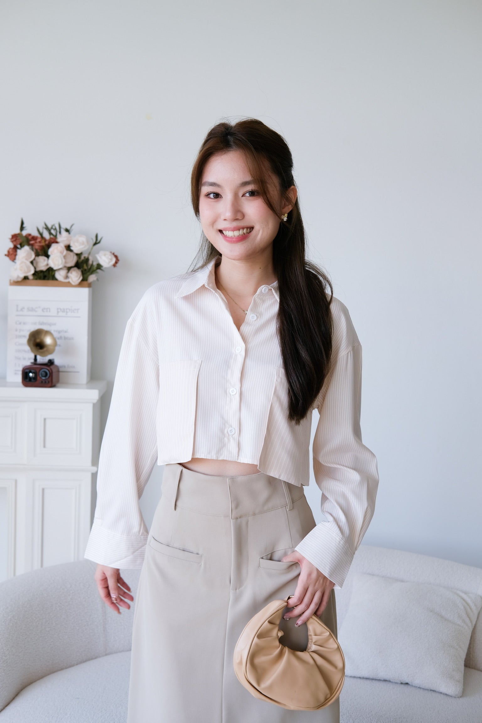 Rora Oversized Stripes Cropped Blouse (Beige)