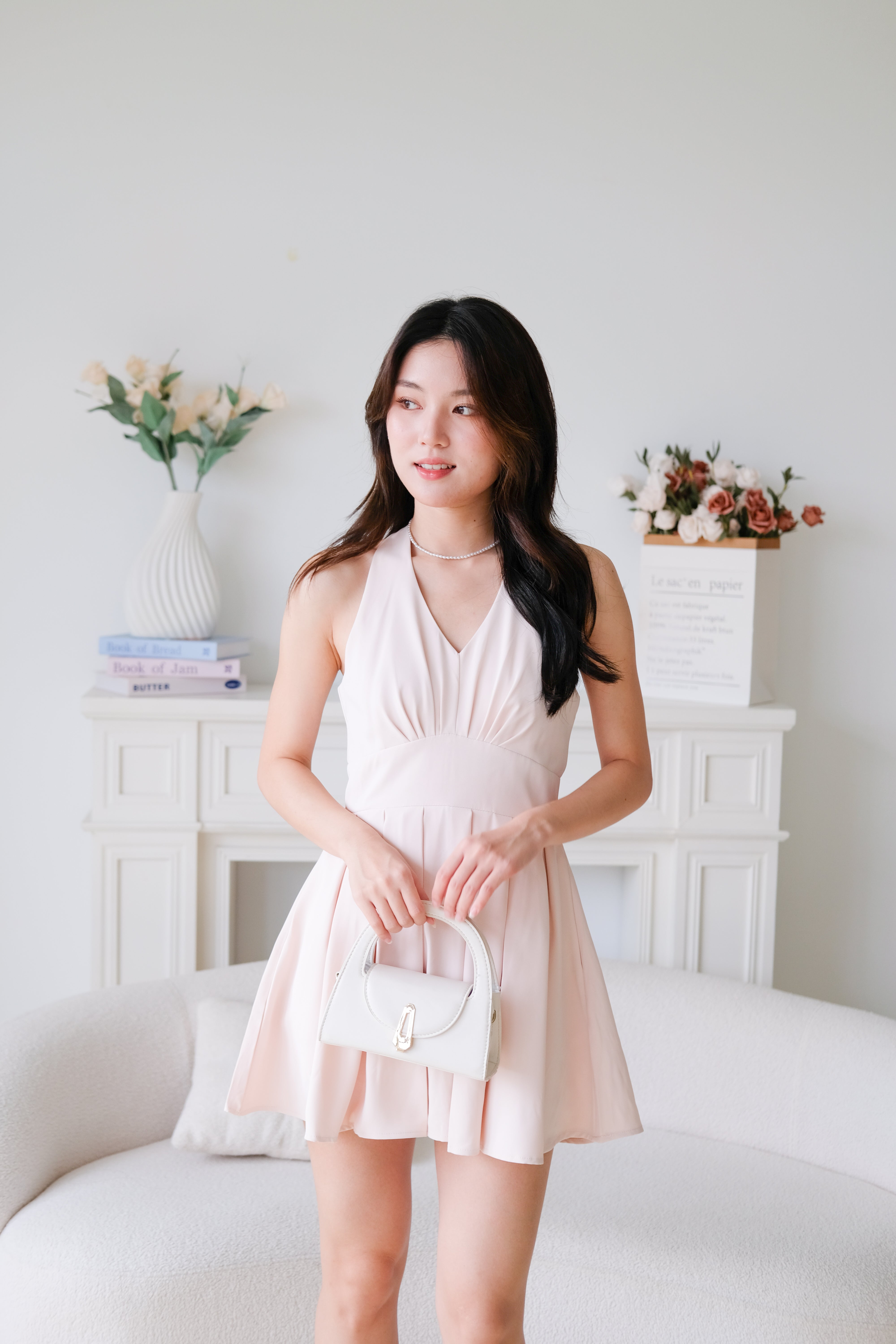 Moon Halter Pleat Dress (Baby Pink)