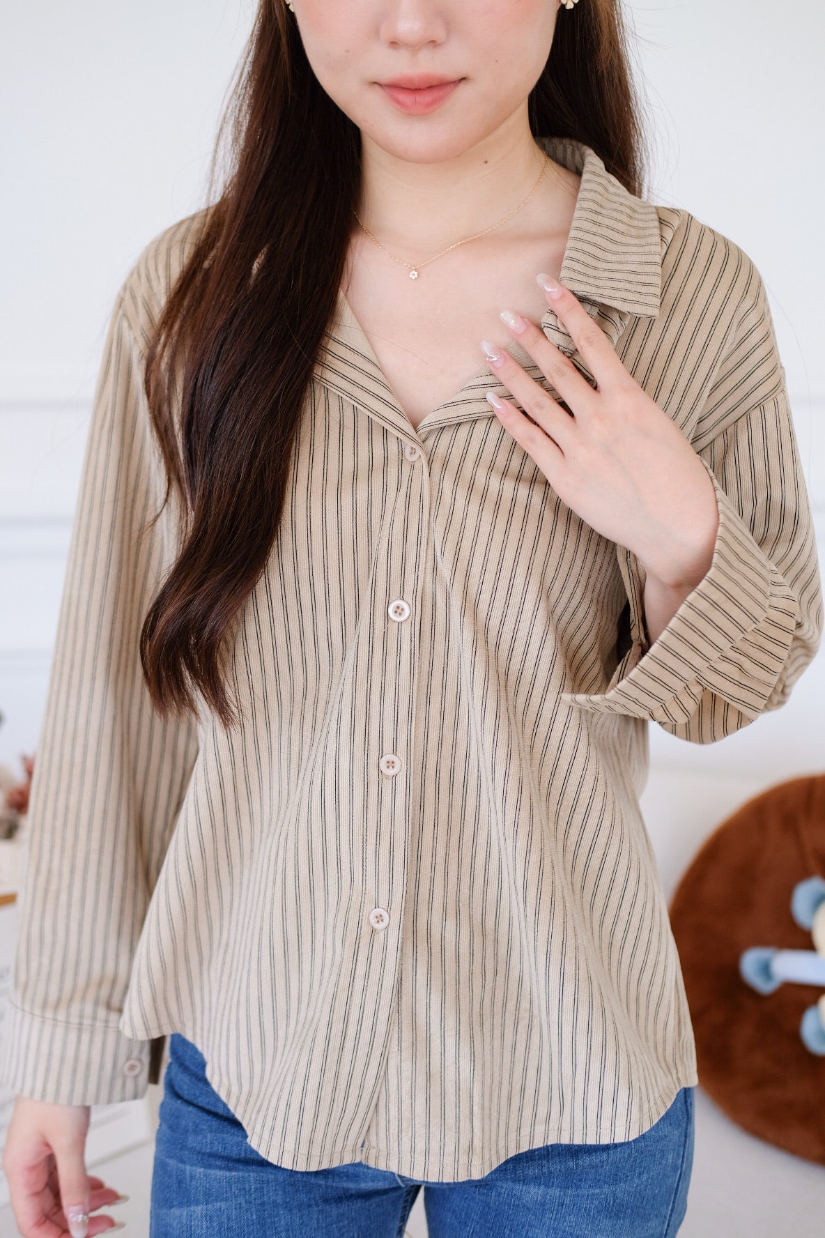 Henley Pinstripe Suede Shirt (Khaki)