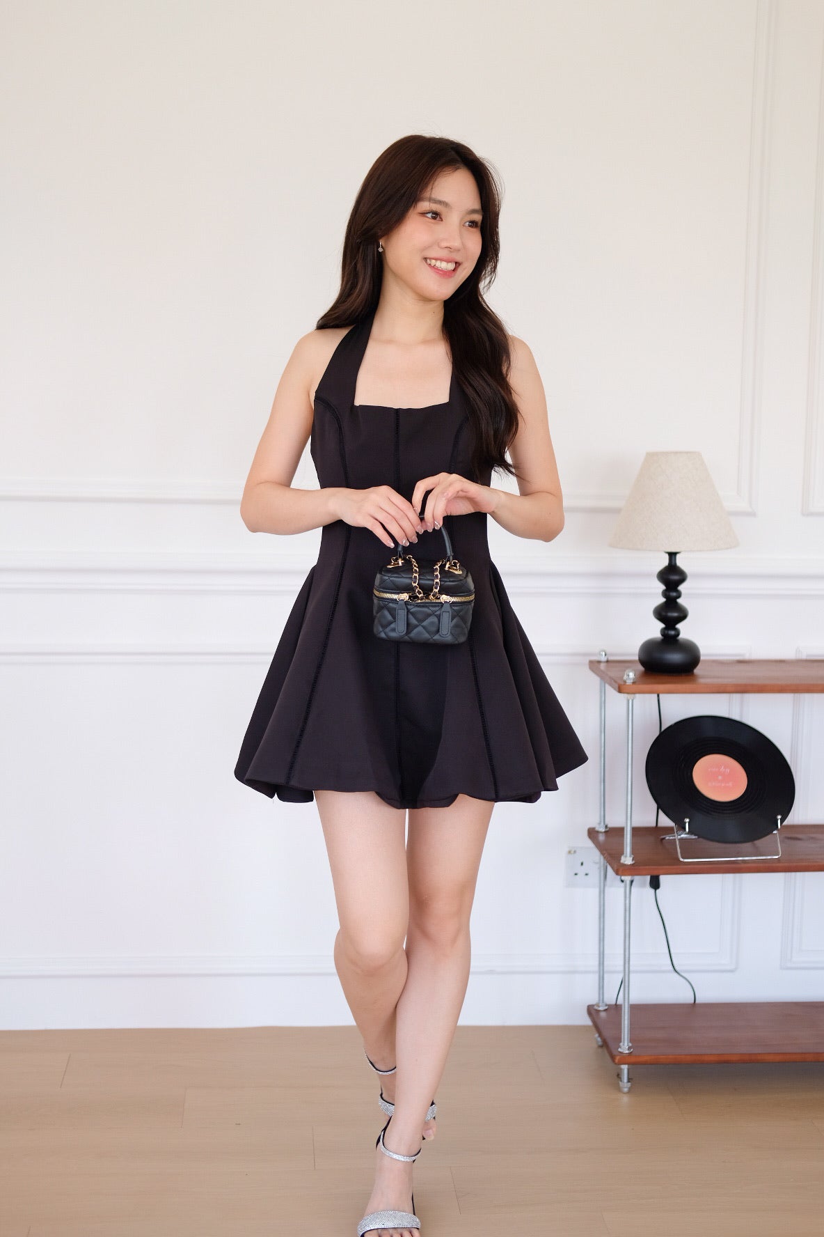 Violette Self Tie Halter Skater Dress (Black)