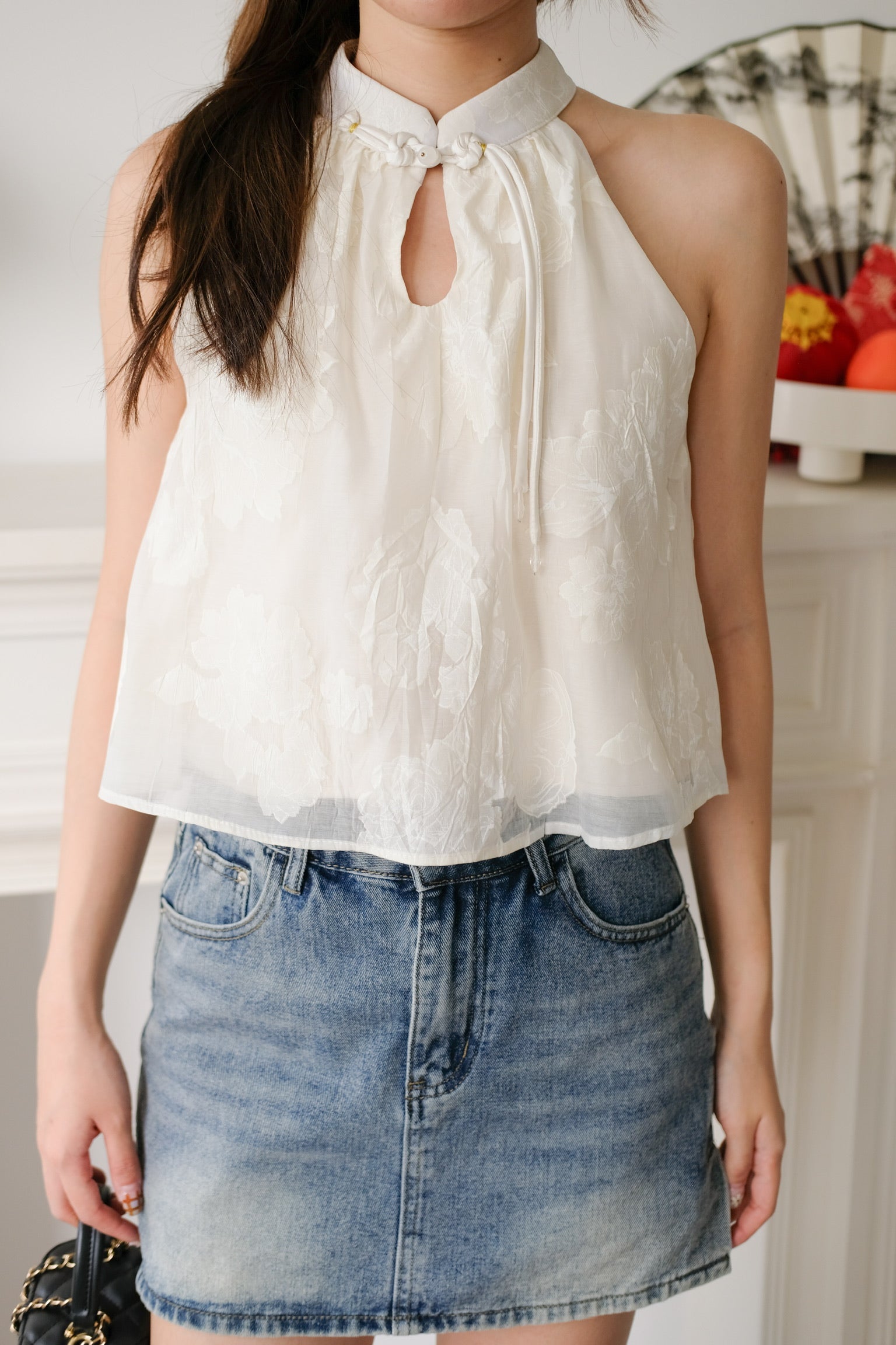 Chu Ran Floral Organza Cheongsam Top (Cream)