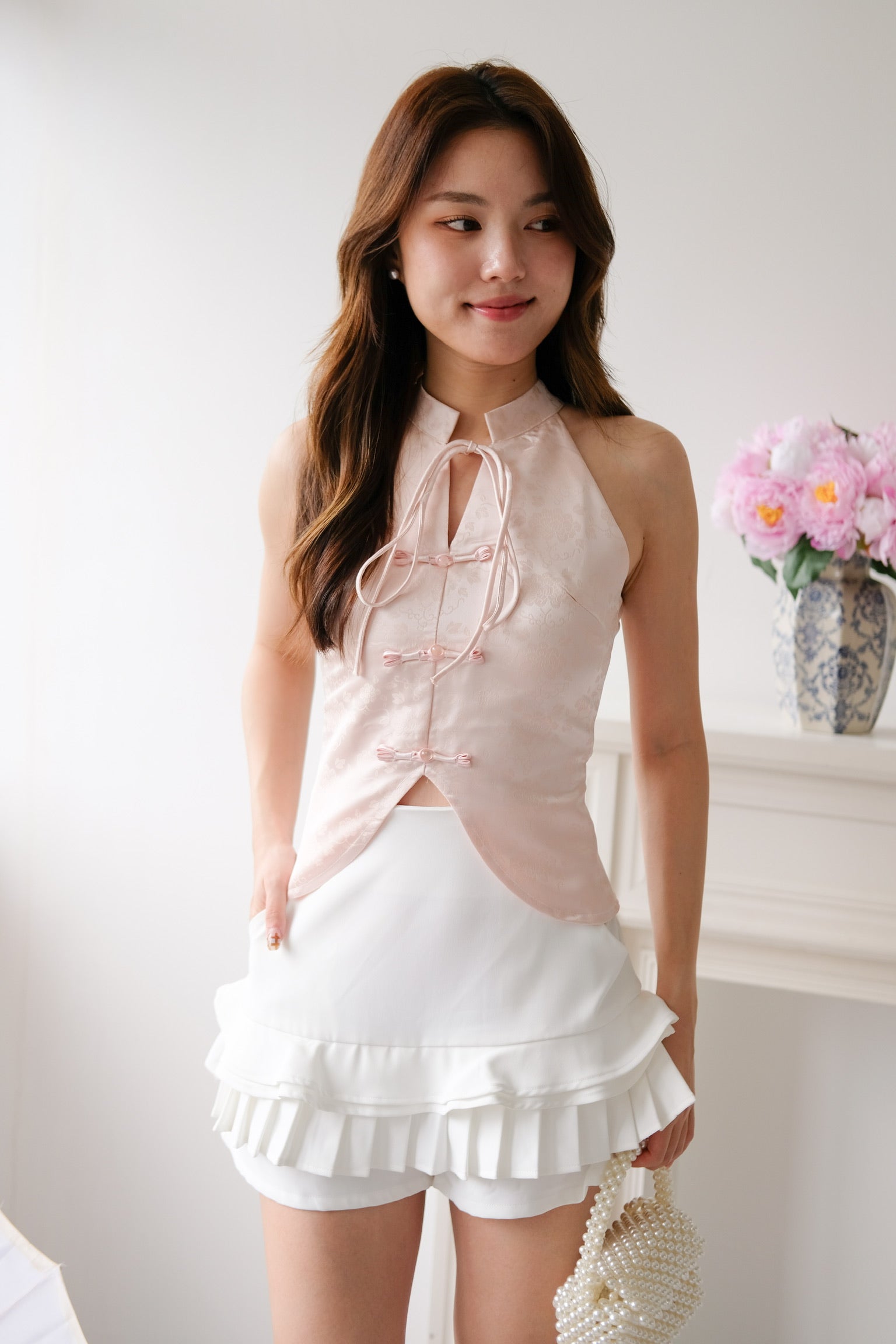 Ning Xia Ribbon Cheongsam Top (Baby Pink)