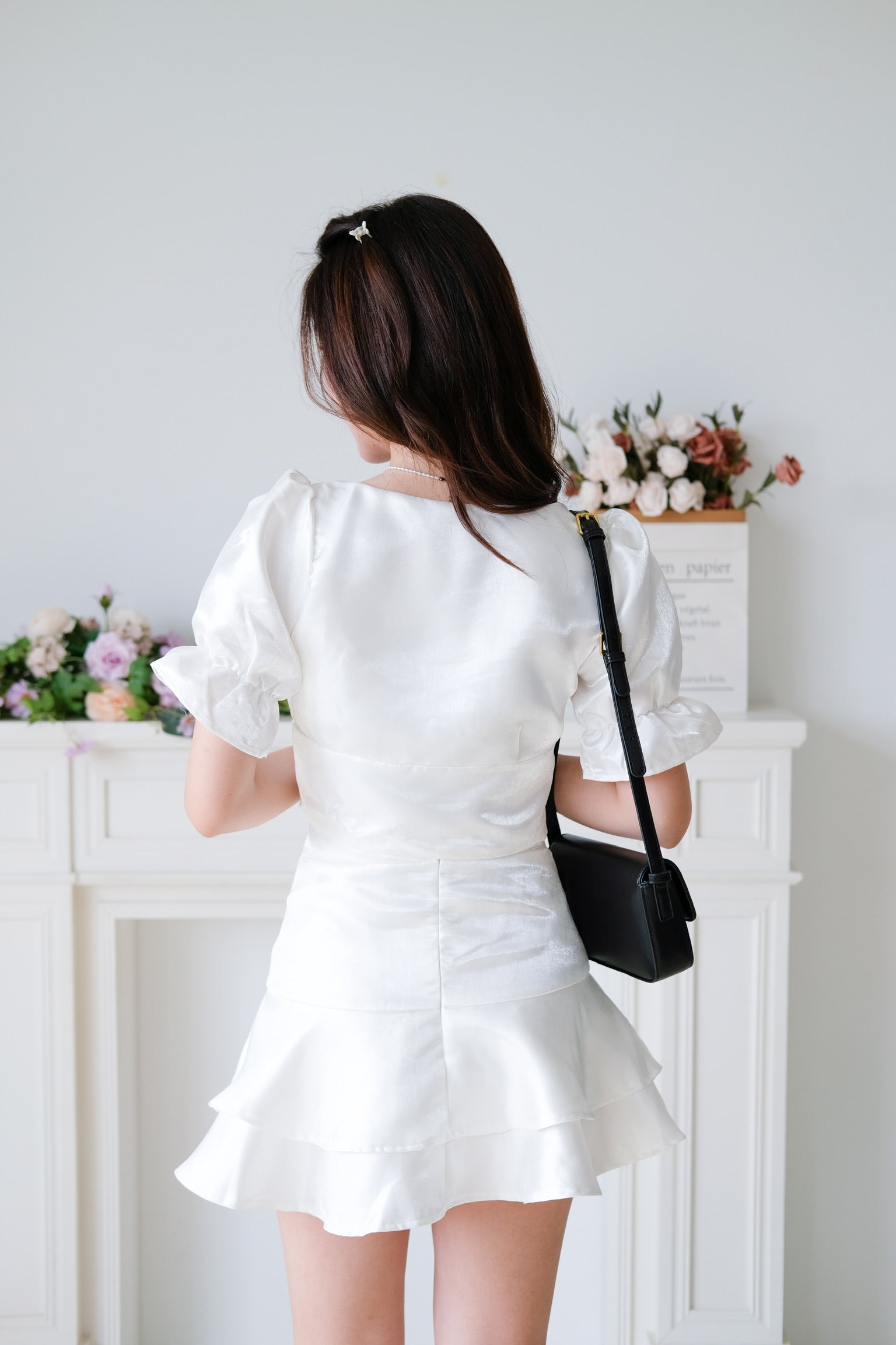 Lush Shimmer Satin Flare Set (White)